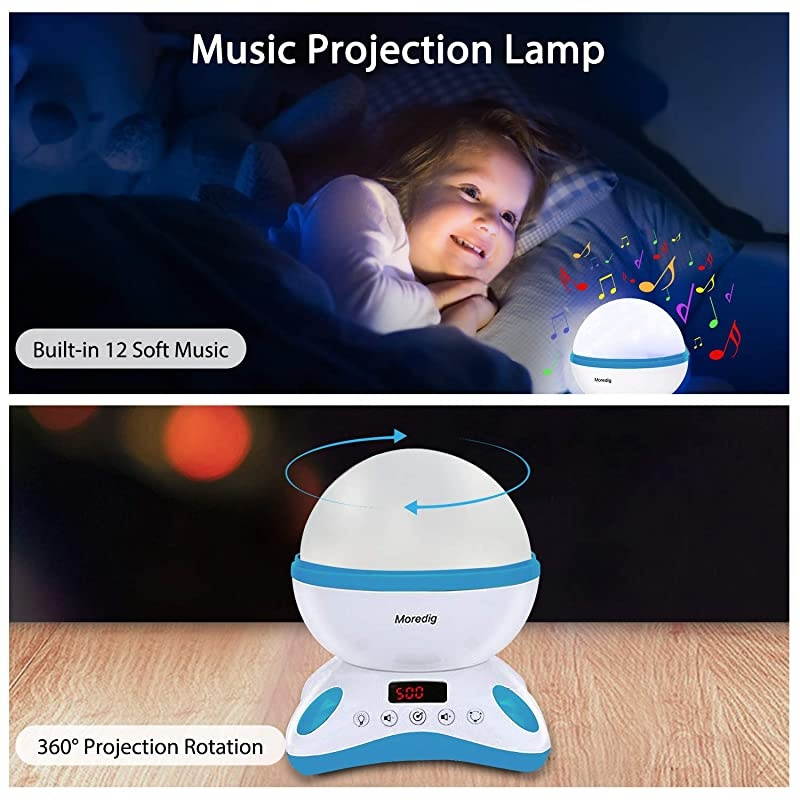 Baby Projector with Timer and Remote Builtin 12 Light Songs 360 Degree Rotating 8 Colorful Lights Romantic Night Lighting Lamp for Birthday Parties Bedroom Blue White