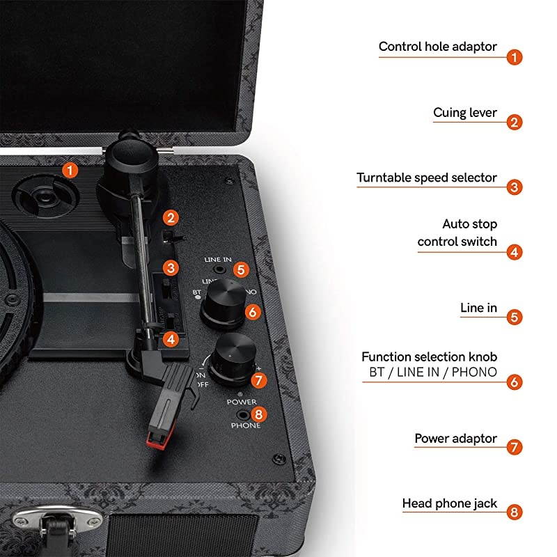 Vinyl Records Bluetooth 50 Turntables Record Player Vintage Lightweight Suitcase Speaker Autostop Stable Connection Compatible HiFidelity Phonograph Dust Cover AntiResonance Dark Gray