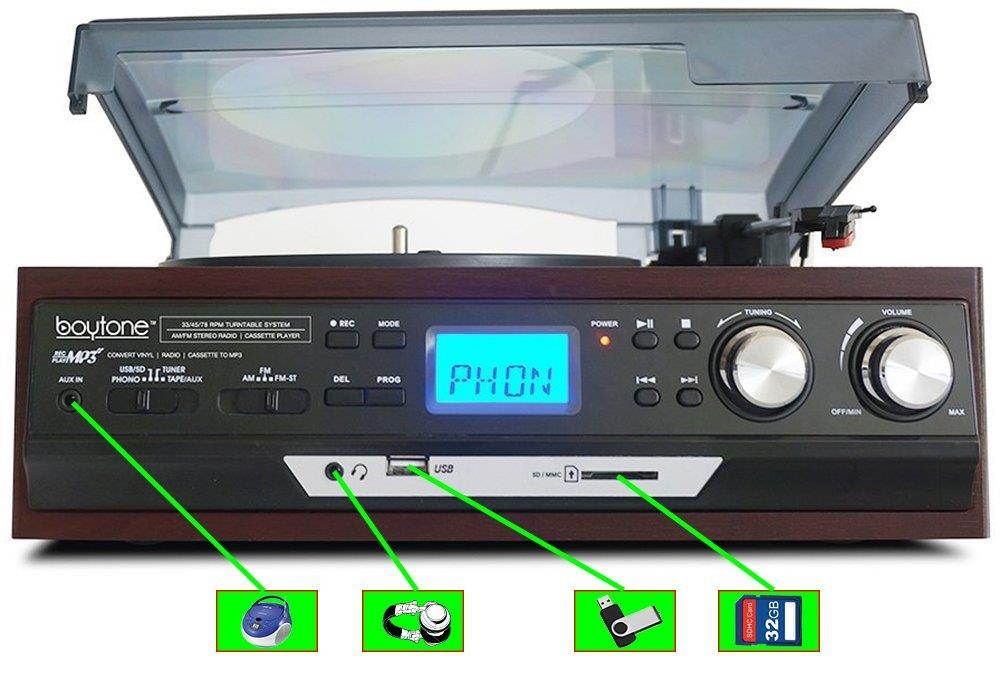 Boytone BT-17DJM 3-speed Stereo Turntable, 2 Built in Speakers Digital LCD Display AM/FM Radio, USB/SD Slot, AUX+ MP3 & WMA Playback /Recorder & Headphone Jack + Remote Control