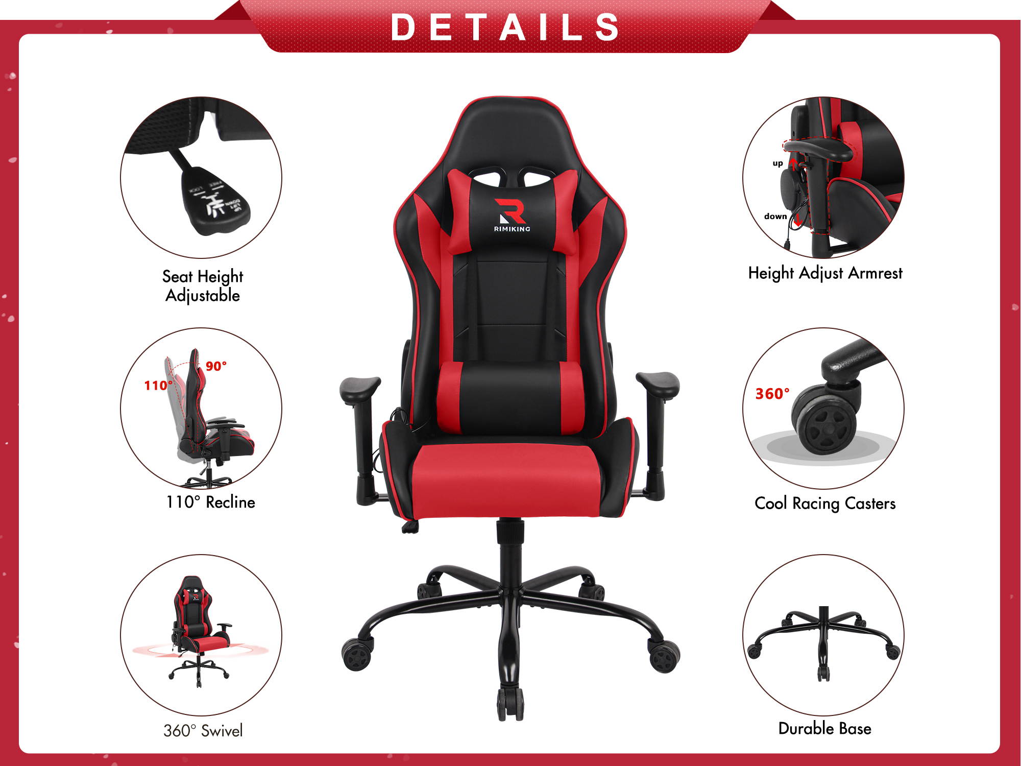 RIMIKING Massage Racing High Back Ergonomic  Computer Gaming Chair  Soft Headrest&Backrest Desk Chair Swivel Adjustable Armrest  Office Chair