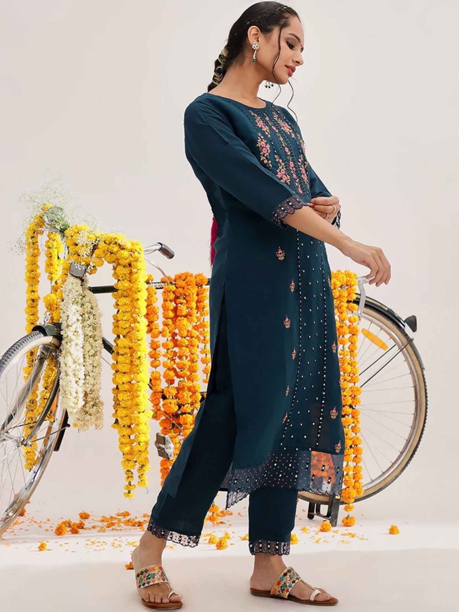 Varanga Teal Blue Embroidered Kurta Pant Set With Dupatta