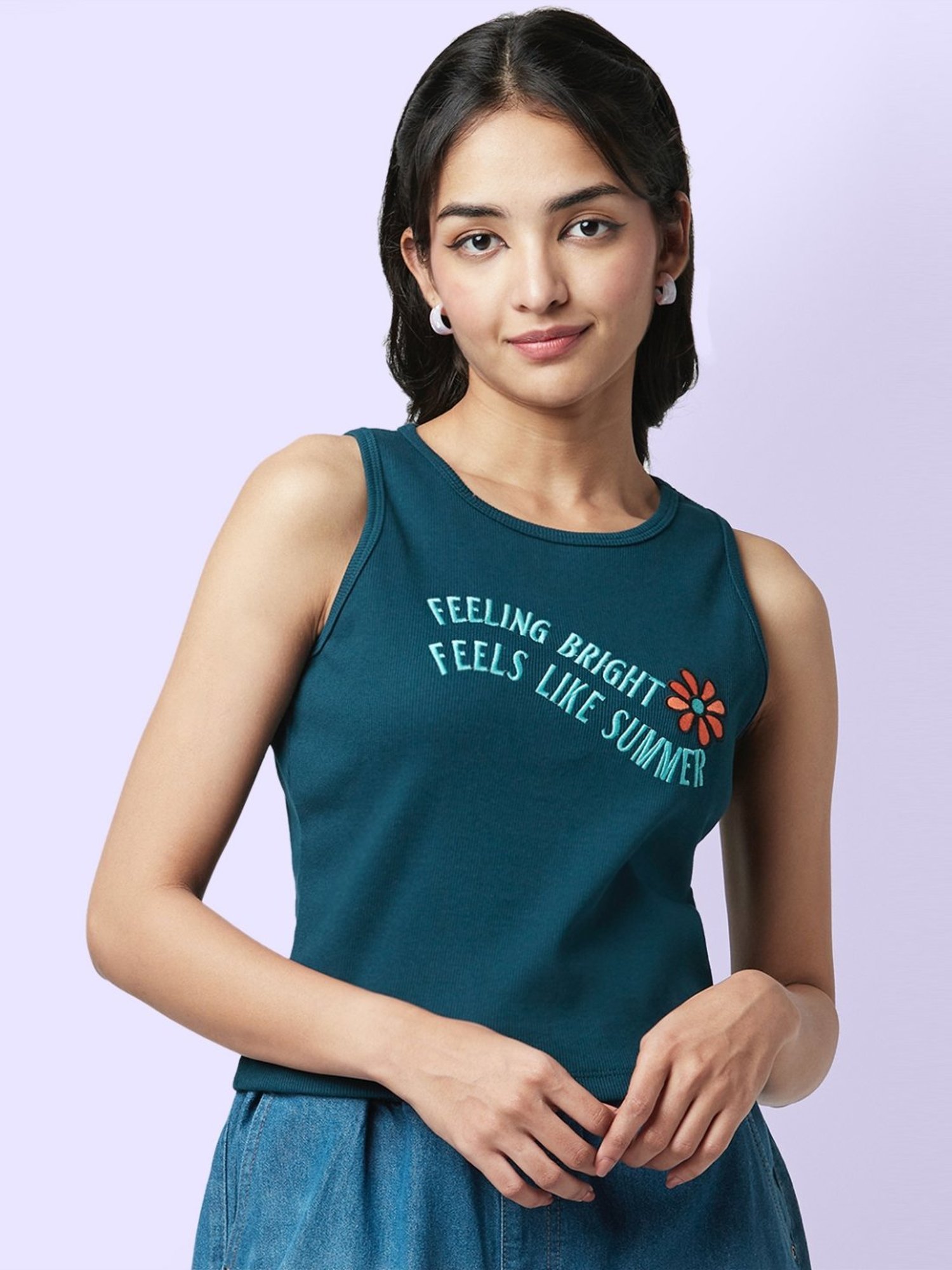 YU by Pantaloons Teal Blue Cotton Printed Top