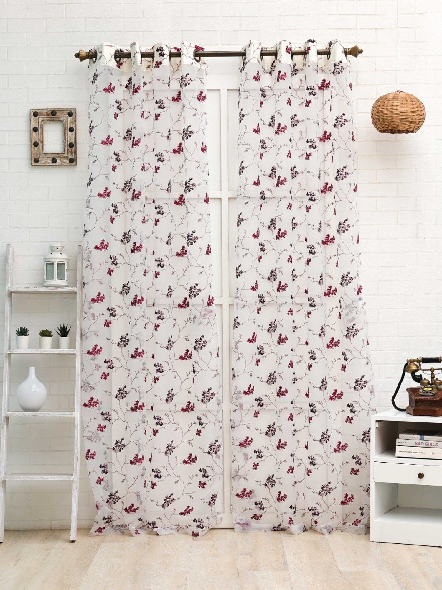 Ariana Floral Embroidery Maroon Polyester 7 ft Door Curtain