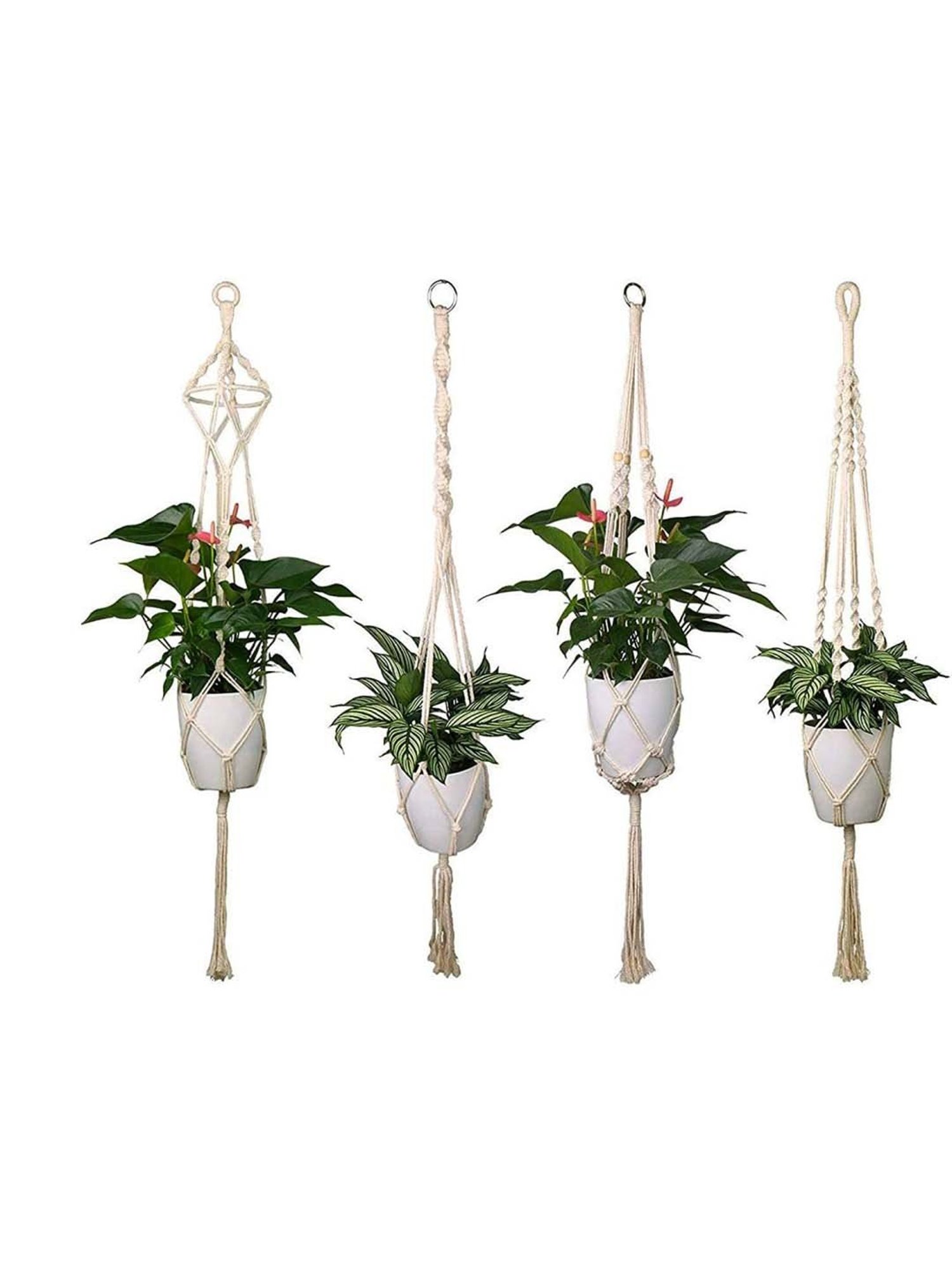 MODERN HOMES White Handmade Macrame Cotton Plant Hangers - Set of 4