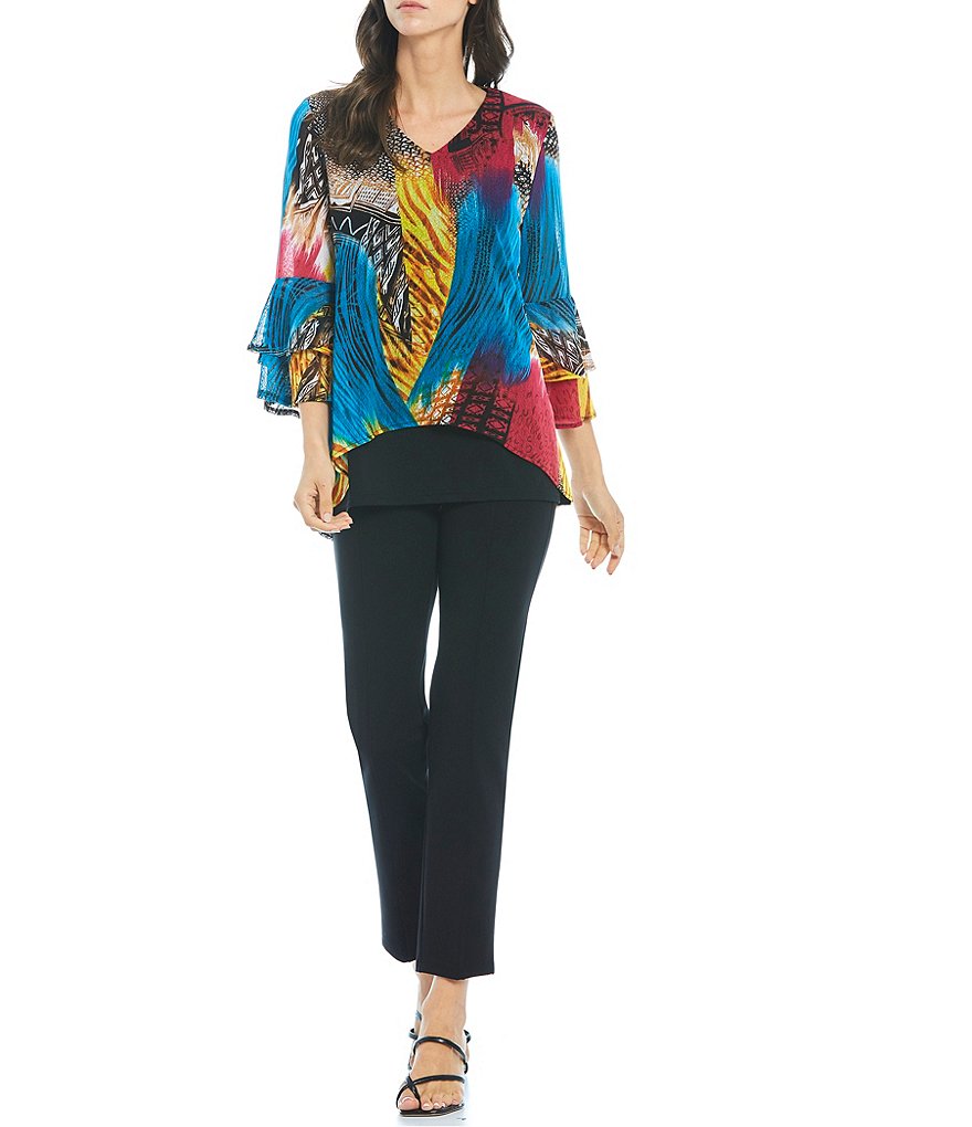 Ali Miles Petite Size Long Roll-Tab Sleeve Round V-Neck Pucker Knit Asymmetrical Tunic