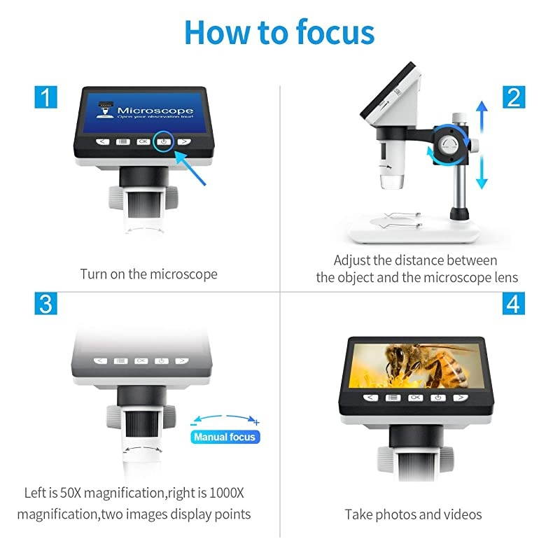 LCD Digital Microscope  43 inch 50X1000X Magnification Zoom HD 1080P 2 Megapixels Compound 2600 mAh Battery USB Microscope 8 Adjustable LED Light Video Camera Microscope with 8G TF Card