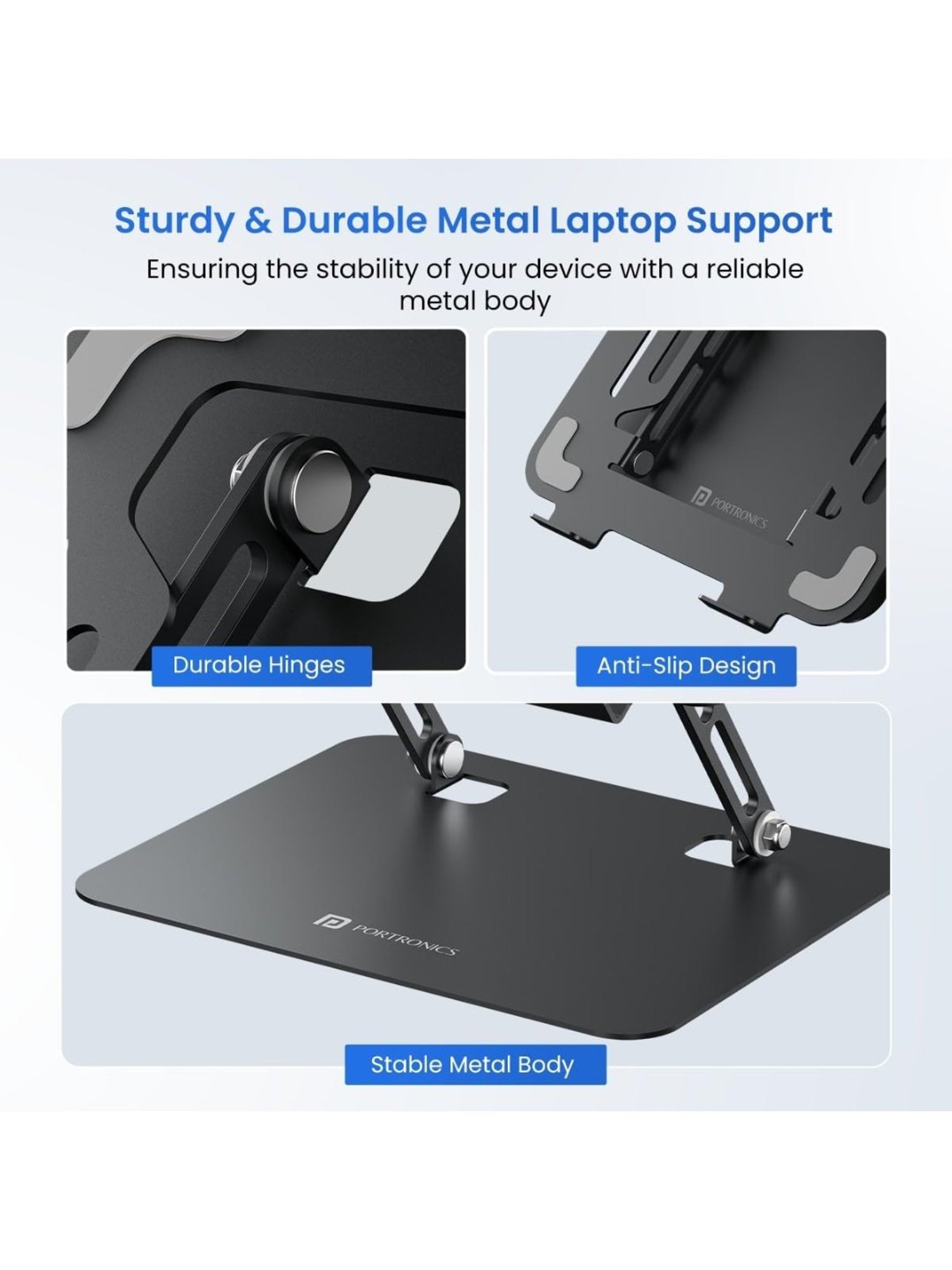 Portronics My Buddy K3 Pro Laptop Stand with Adjustable Height & Angle, Foldable Design (Grey)