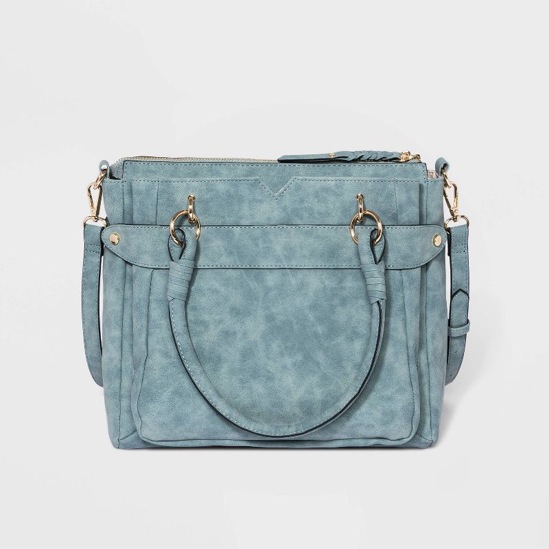 VR NYC Magnetic Closure Denim Woven Handle Satchel Handbag - Blue