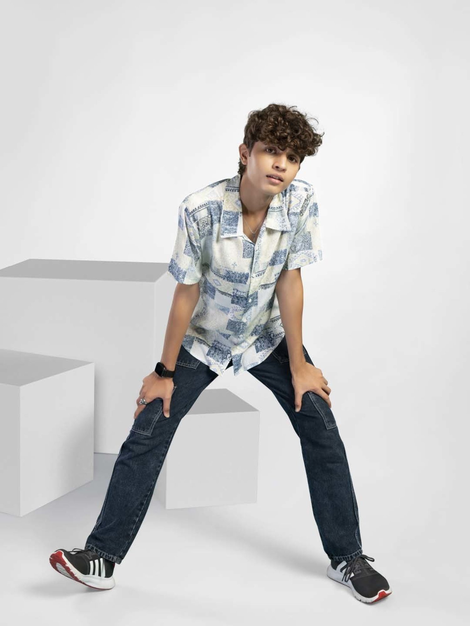 TeenTrums Kids Blue & White Cotton Printed Shirt