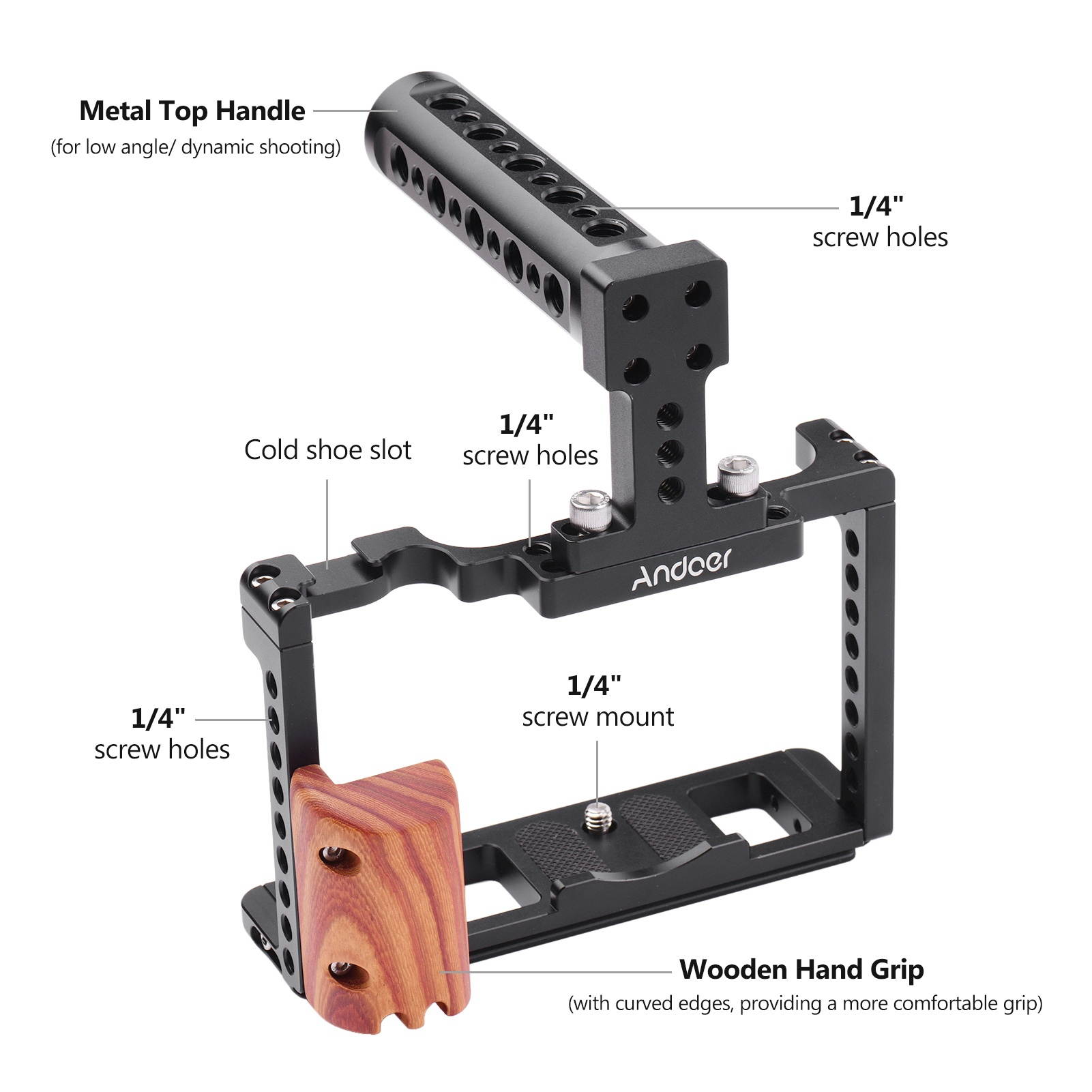 Andoer Aluminum Alloy Camera Cage Kit Protective Vlog Cage with Wooden Hand Grip Metal Top Handle Film Making System with Cold Shoe for Microphone Fill Light Compatible with Fujifilm X-T4 ILDC Camera