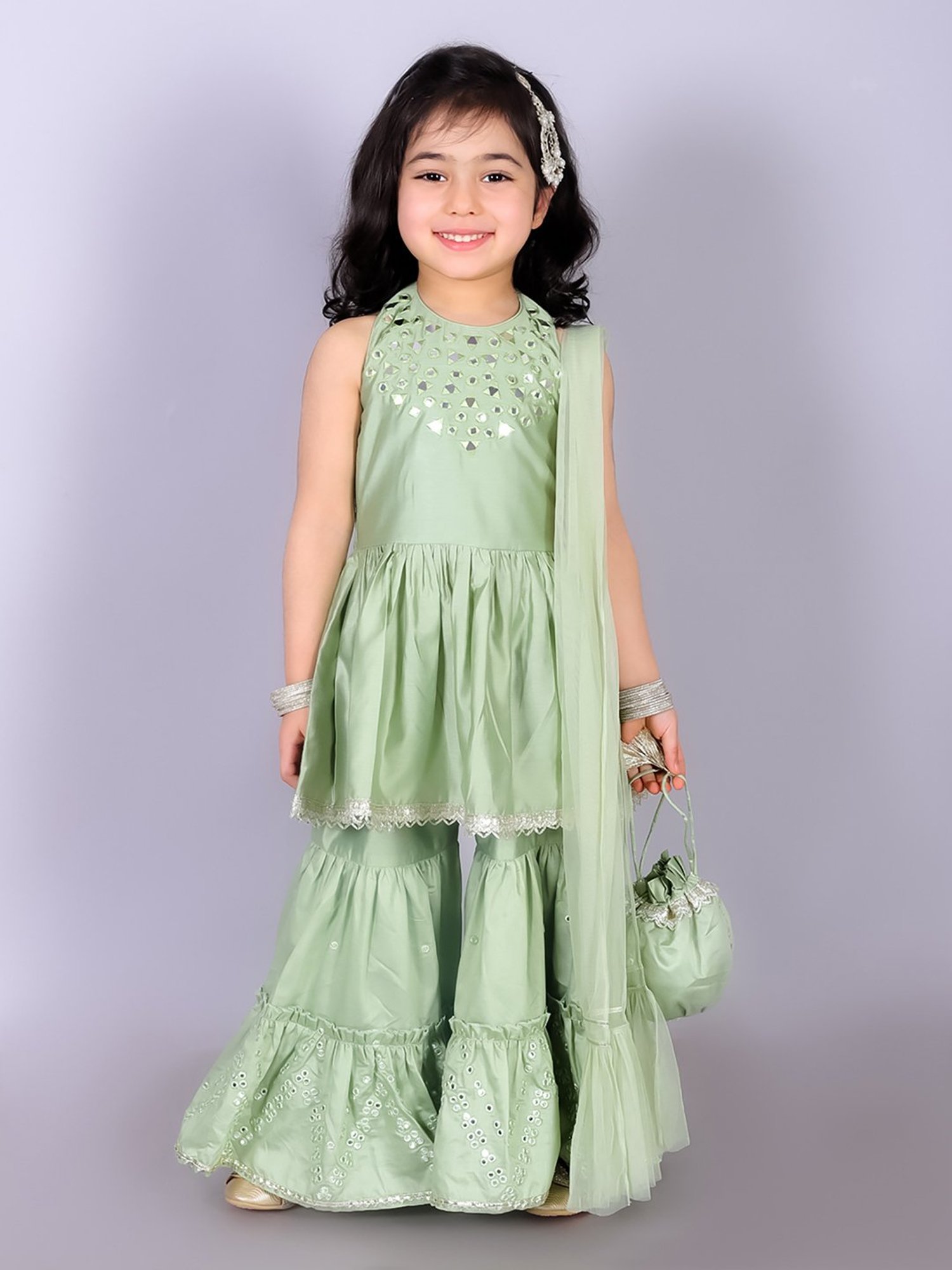 Lil Drama Kids Green Embellished Kurta, Gharara with Dupatta