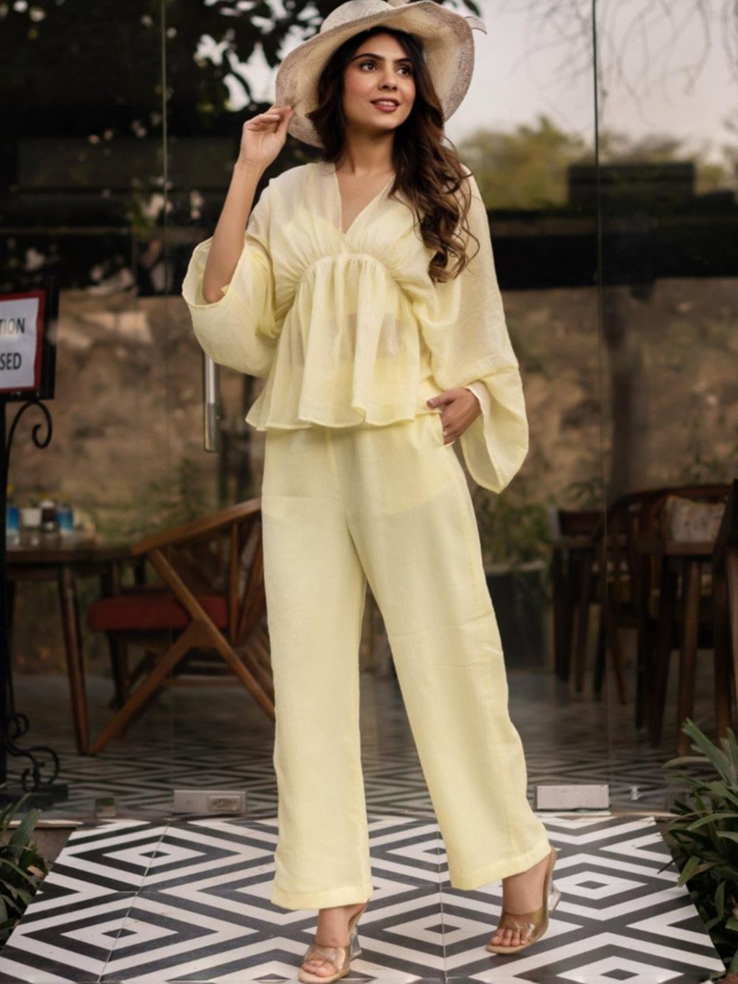 Calmna Lemon Yellow Crinkle Cotton Top with Inner and Pant