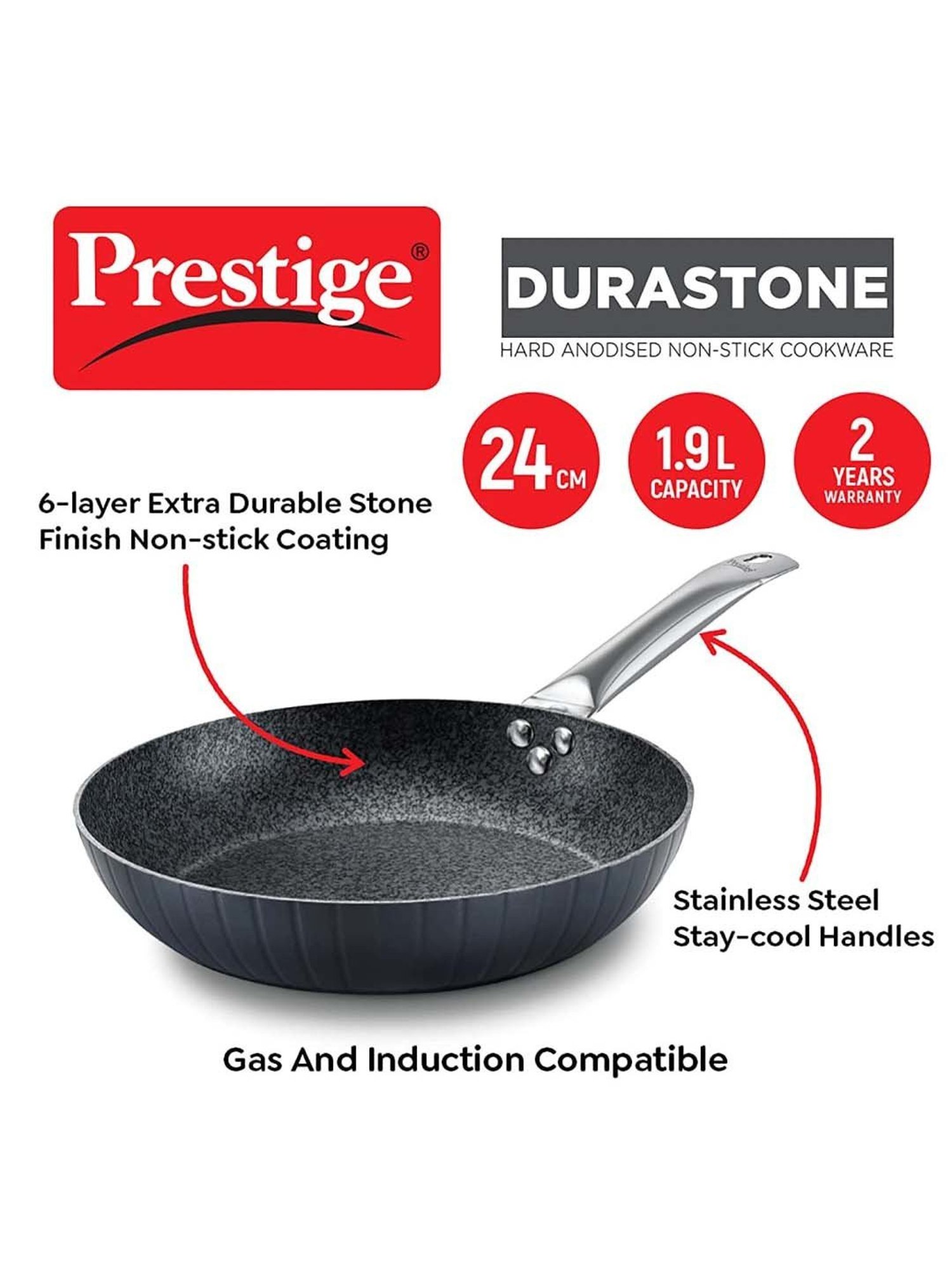 Prestige Black Hard Anodised 24 cm Non-Stick 6-Layer Fry Pan (1.9 L)