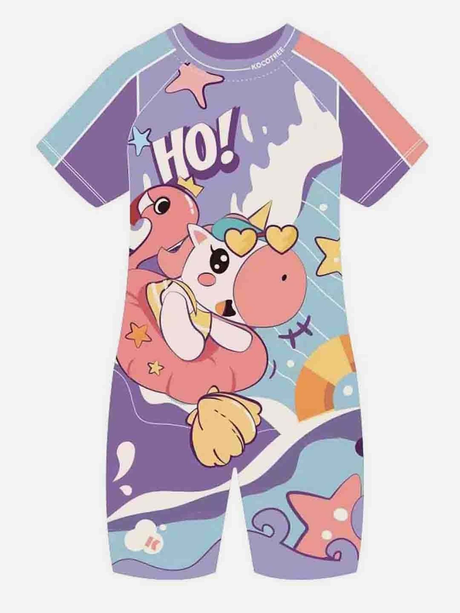 Little Surprise Box Kids Purple & Peach Flamingo Float Unicorn Printed Swimsuit