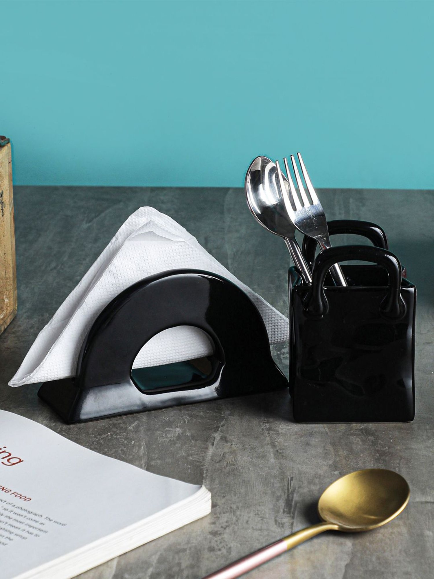 VarEesha Black Ceramic Cutlery and Napkin Holder - Set of 2