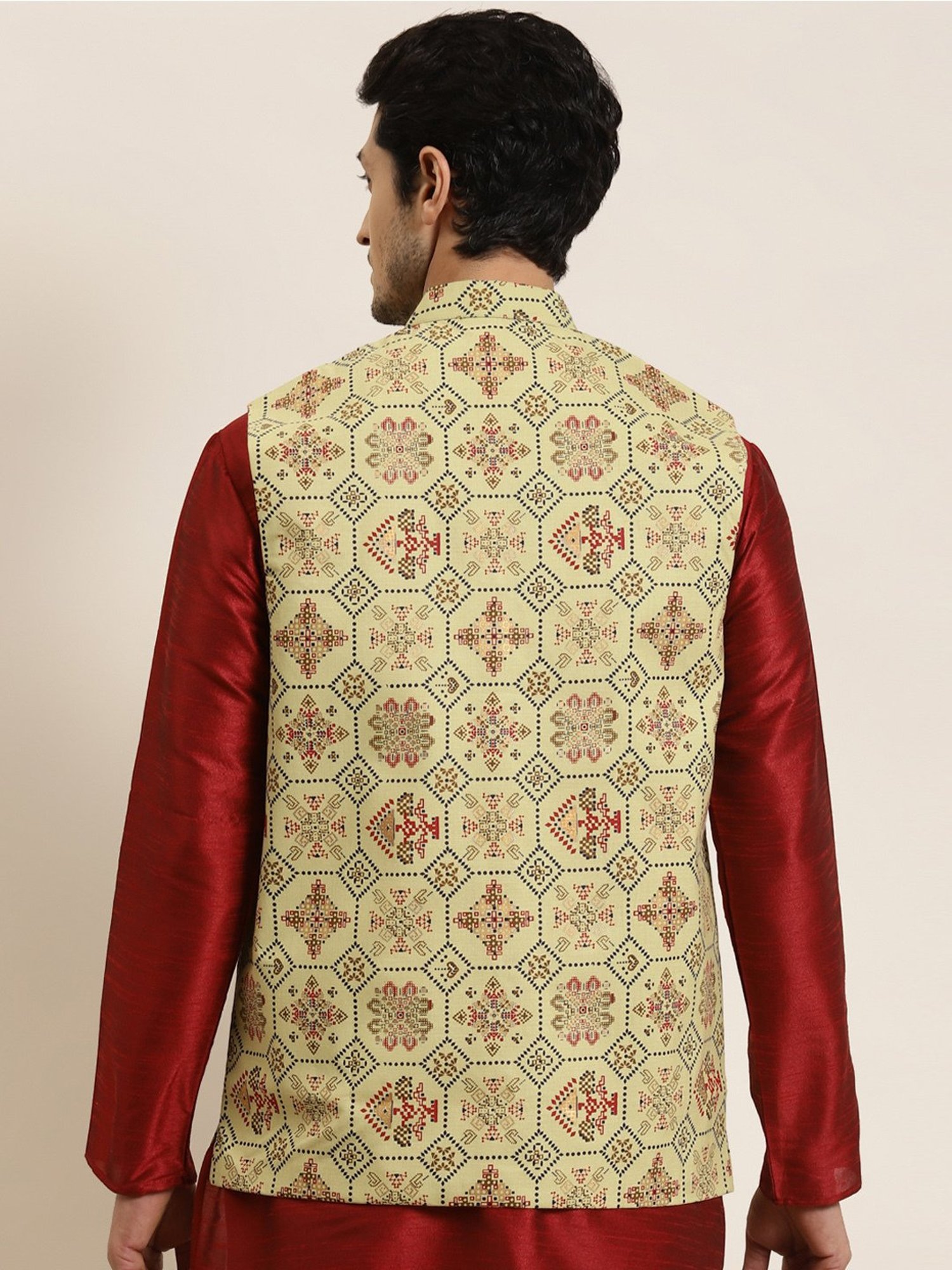 Sojanya Green Cotton Linen Regular Fit Self Pattern Nehru Jacket