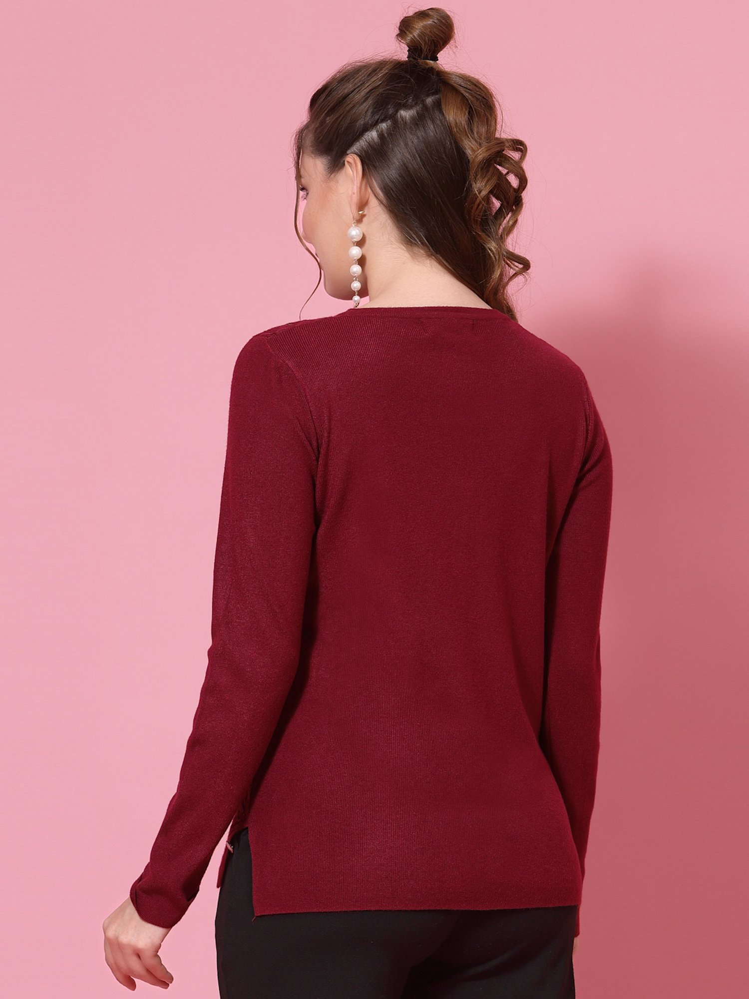 Mafadeny Maroon Embellished Cardigan