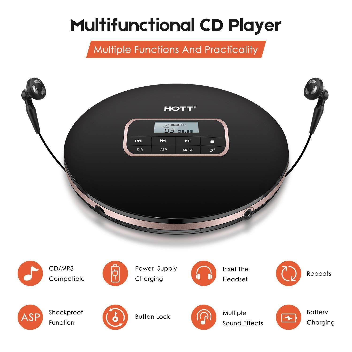 Portable CD Player HOTT Personal Compact Disc Player LCD Display with Stereo Earbuds Electronic Skip Protection Anti-Shock Function Black