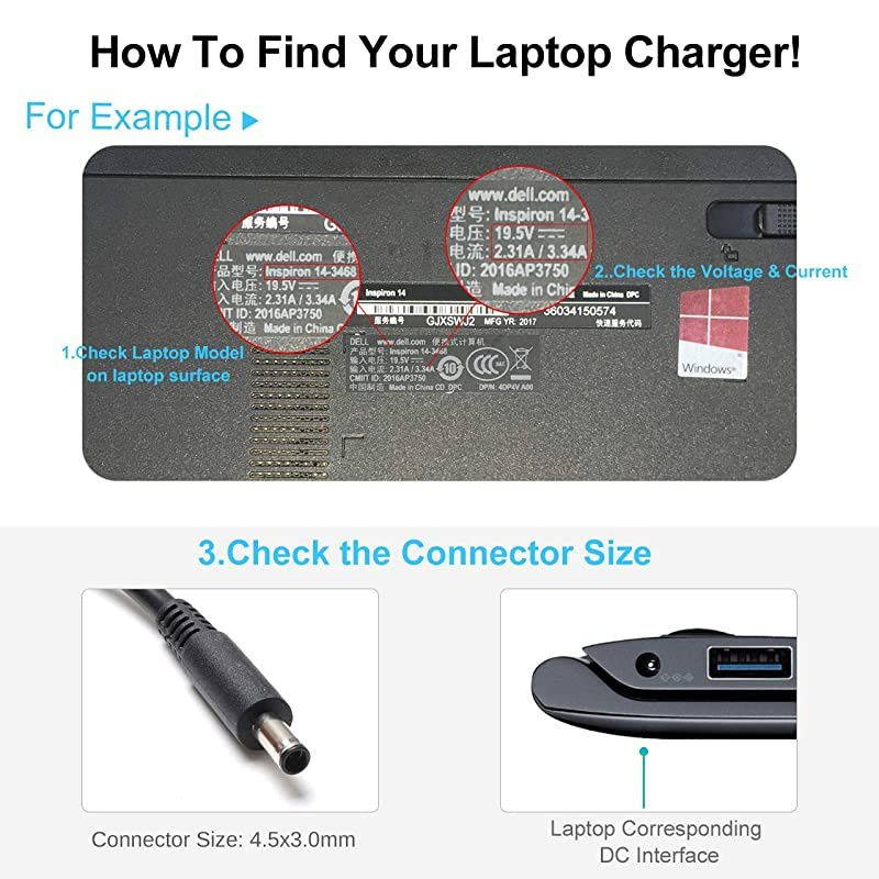 AC Laptop Charger Adapter for Dell Inspiron 13 15 7000 5000 3000 5555 5558 5559 3552 7558 7359 7352 7347 7348 7378 7353 5368 5378XPS 13 9350 9360 9365 3943 9333 9343 9344 Power Supply Cord