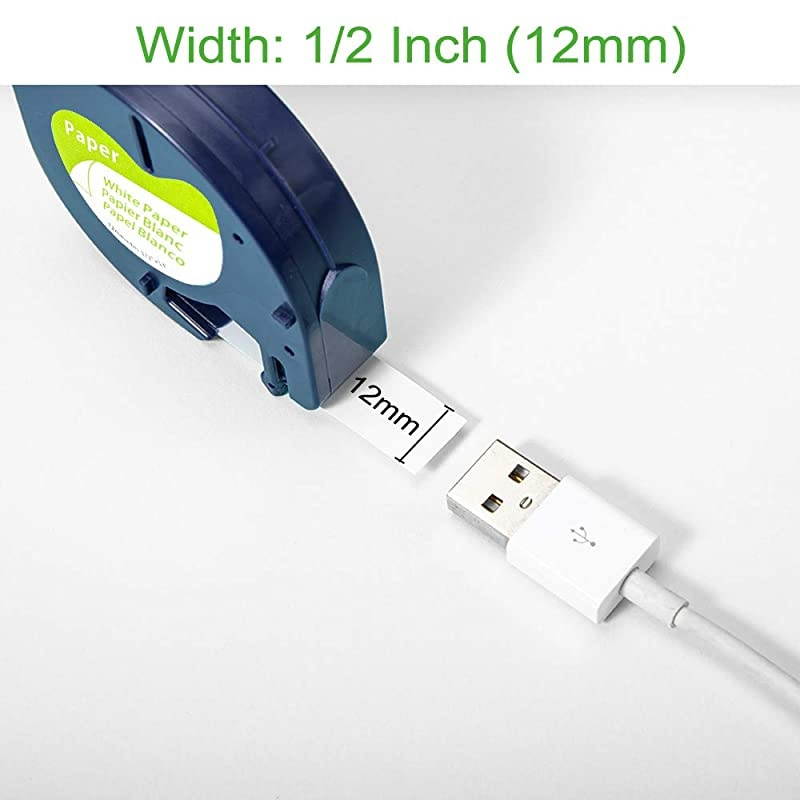 Compatible Label Tape Replacement for DYMO LetraTag Refills 91330 10697 Paper LT Label Tape Work for DYMO LetraTag LT-100H LT-100T QX50 Label Maker, Black on White, 1/2 Inch x 13 Feet, 5-Pack