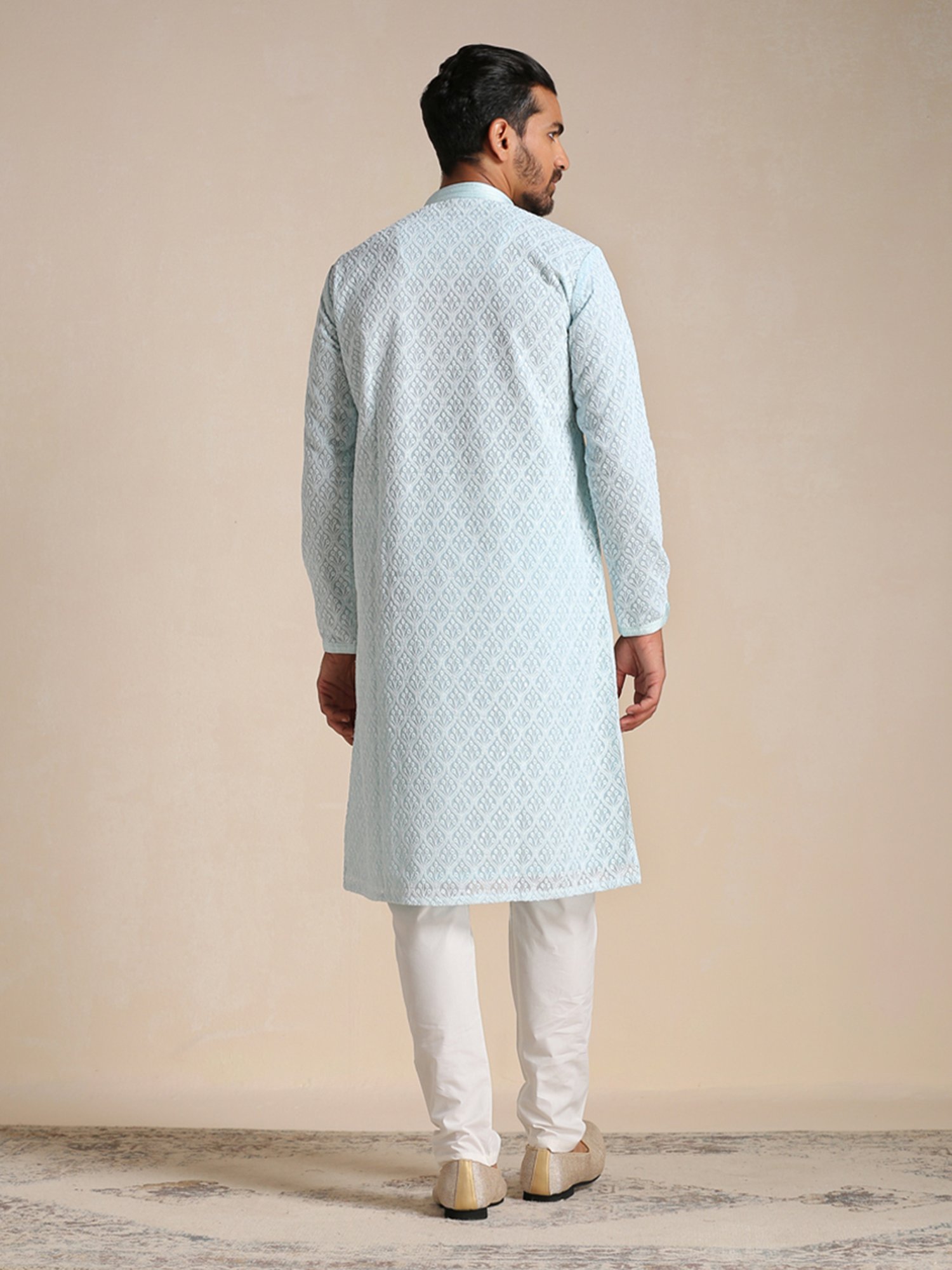 Manyavar Sky Blue & White Embroidered Kurta & Pyjama Set