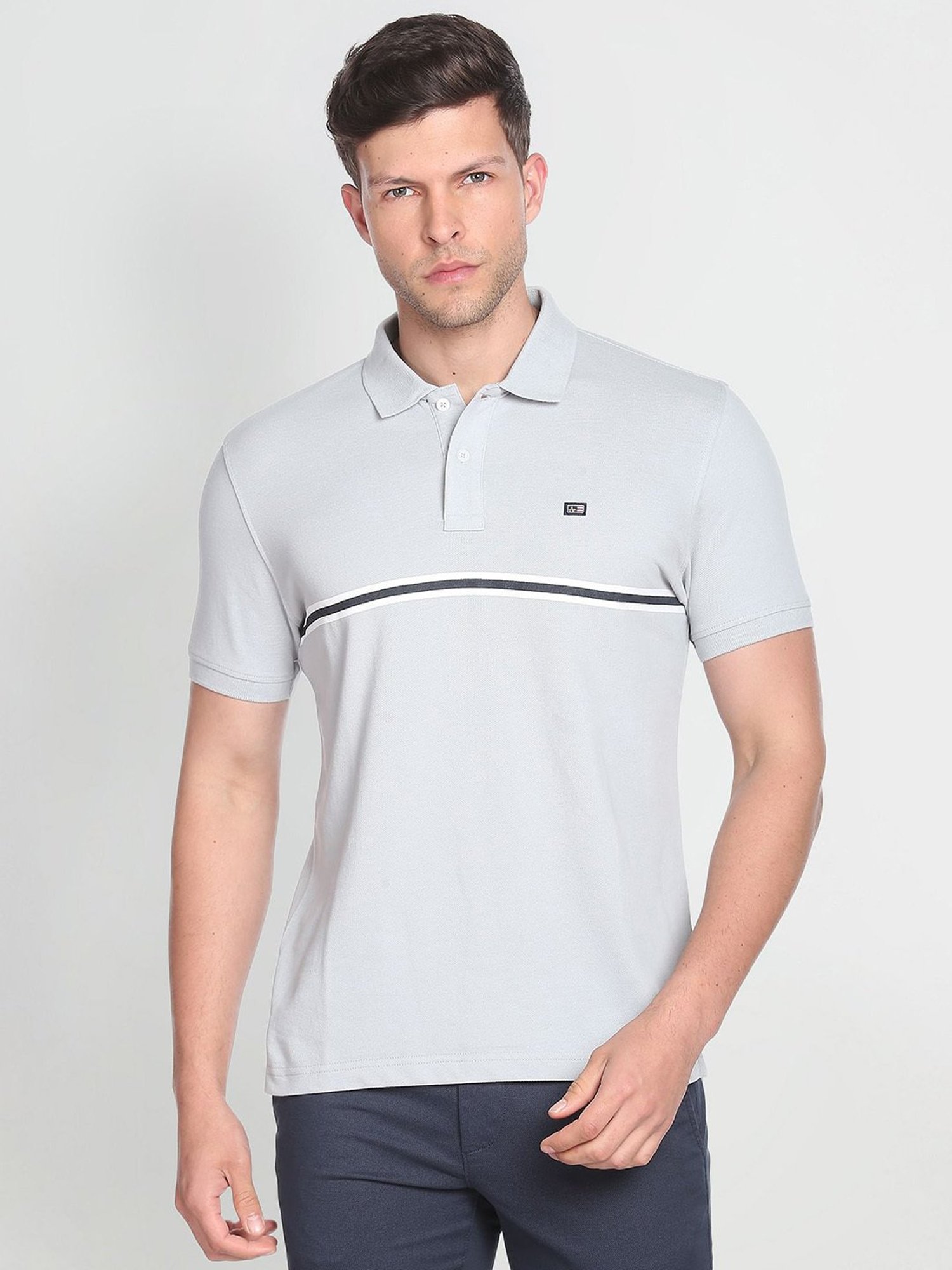 Arrow Sport Light Grey Cotton Regular Fit Striped Polo T-Shirt
