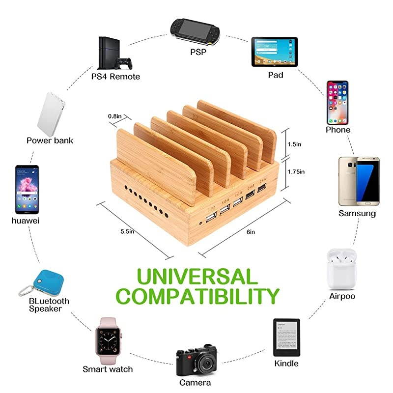Bamboo Charging Station Wood Charging Station for Multiple Devices with 5 Ports USB Charger Docking Station for iPhone iPadTablet and Android Cell Phone