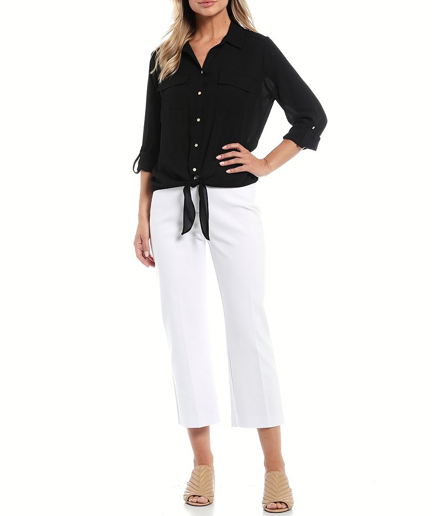 Investments Solid Point Collar Neck Button-Front Long Sleeve Tie-Front Top