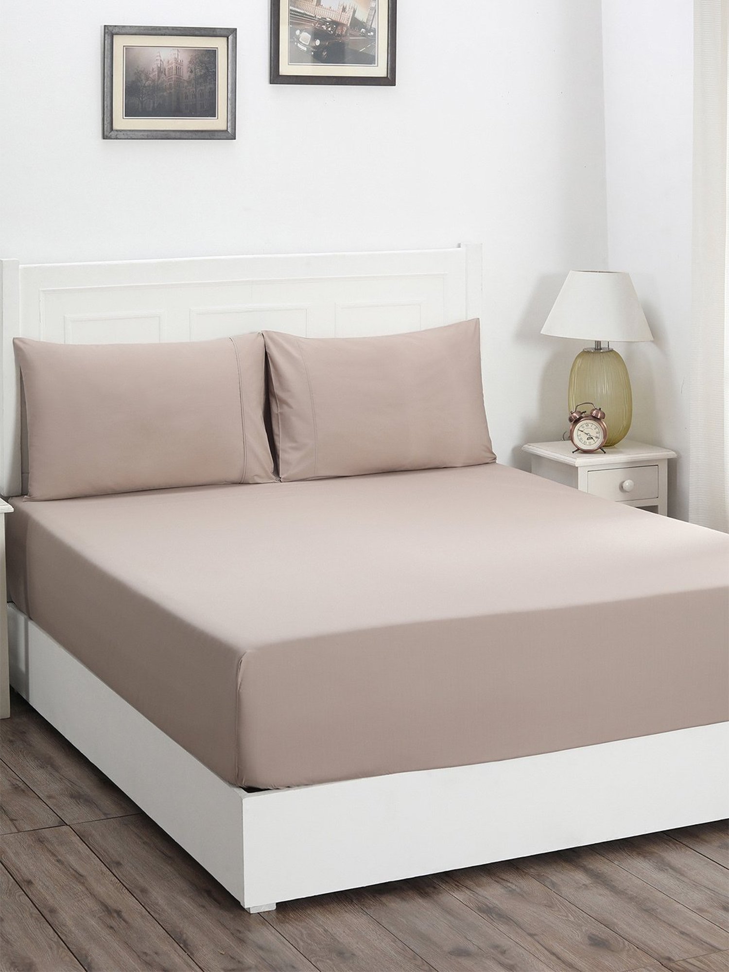 Maspar Colorart Slumber Beige 200 TC Cotton Queen Size Bed Sheet with 2 Pillow Cover