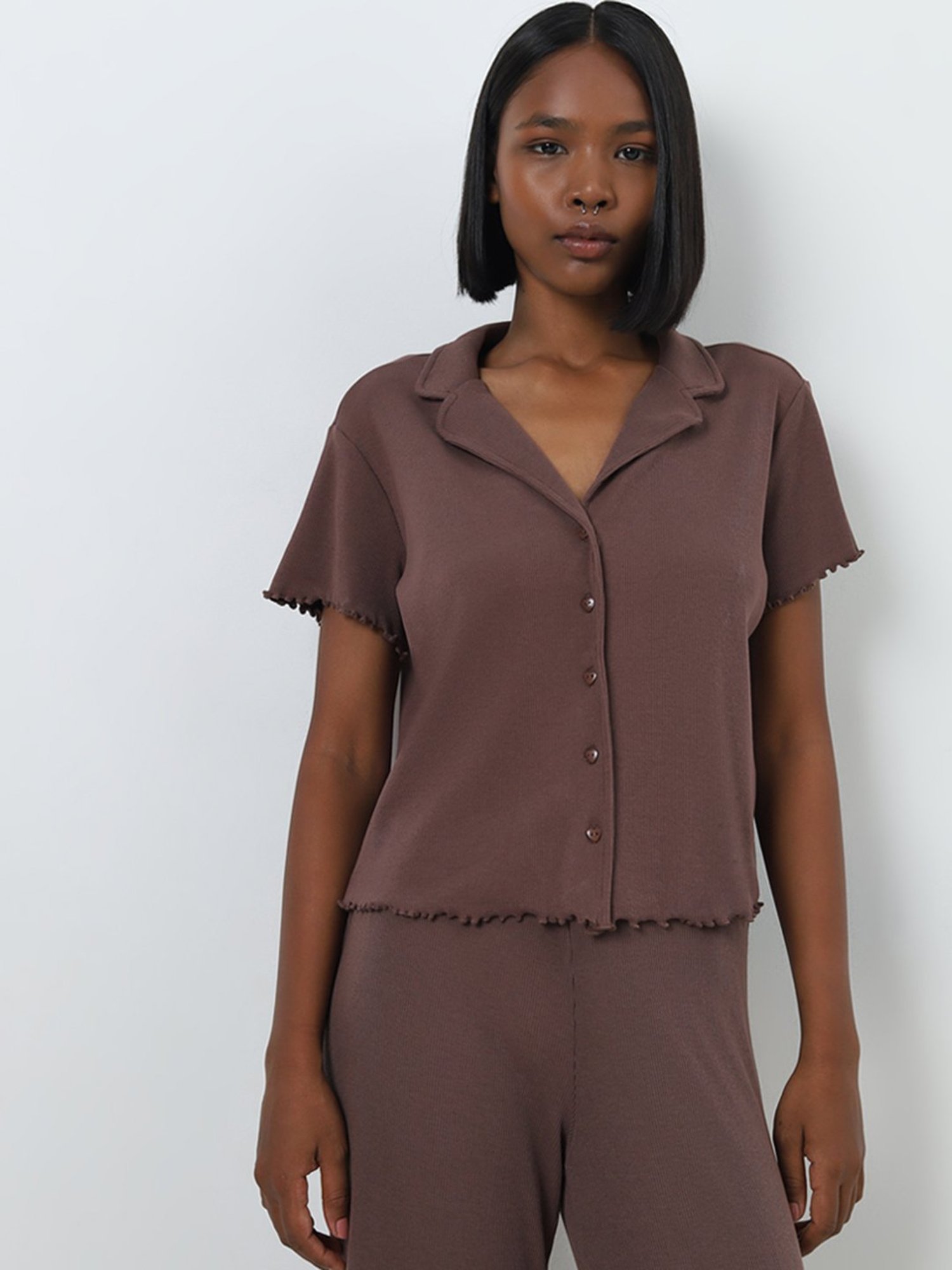 Superstar by Westside Dark Brown Knit-Textured Cotton Blend Shirt