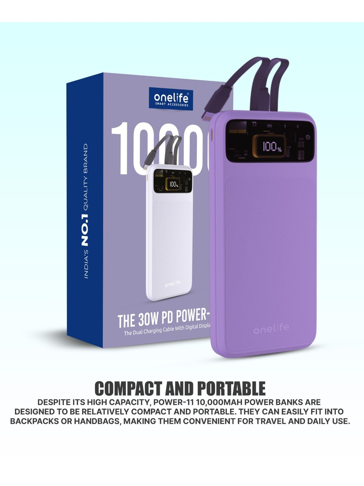 Onelife Power 11, 10000 mAh 30W Fast Charging Power Bank with PD3.0 30W for 2 USB-C Ports (Purple)