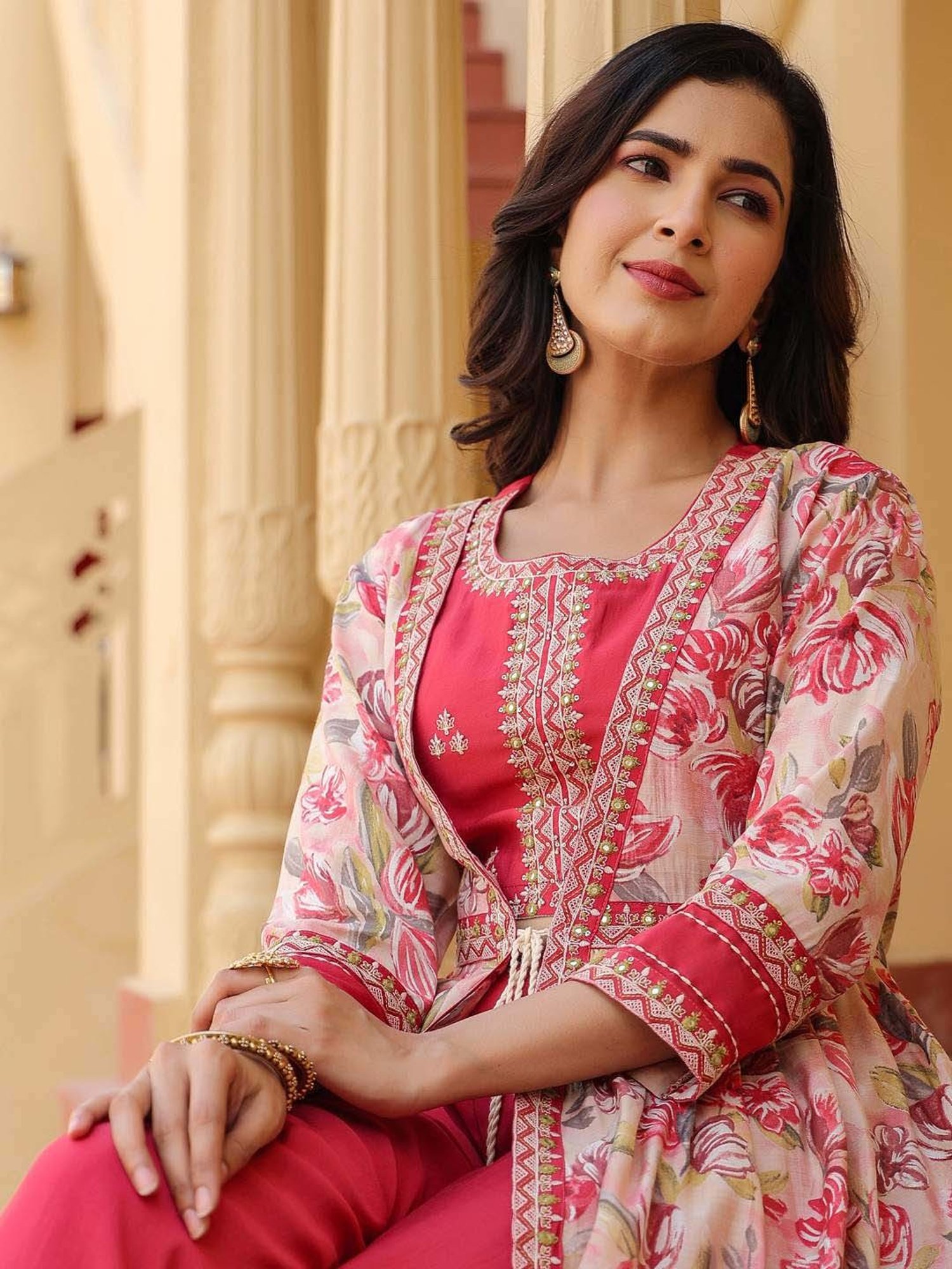 Yufta Pink Floral Print Crop Top Pant Set with Jacket