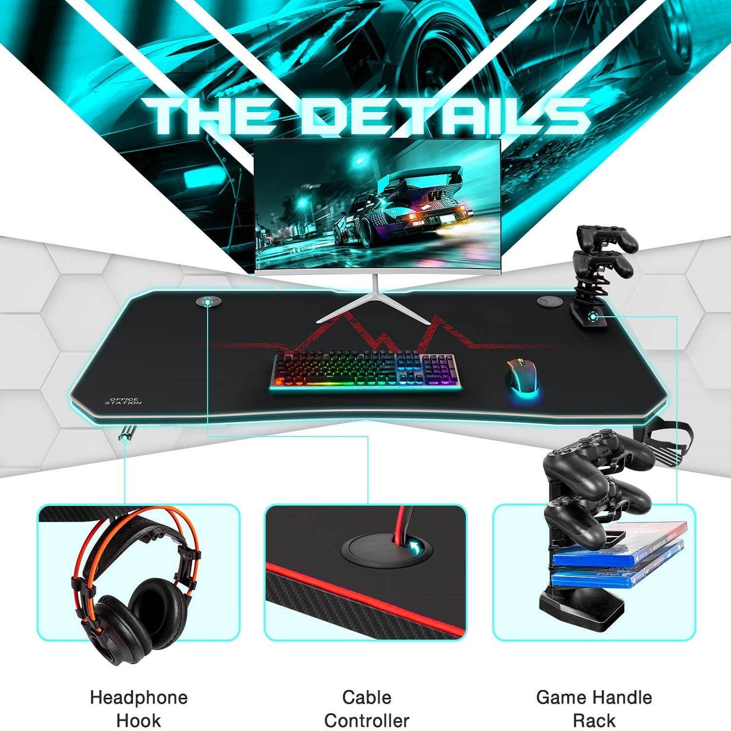 Furmax 43 Inch Gaming Desk Racing Style PC Computer Desk Y-shaped Home Office with Desk Large Carbon Fiber Desktop, Cup Holder, Headphone Hook, Full Mouse Pad, and Gaming Handle Rack (Black)