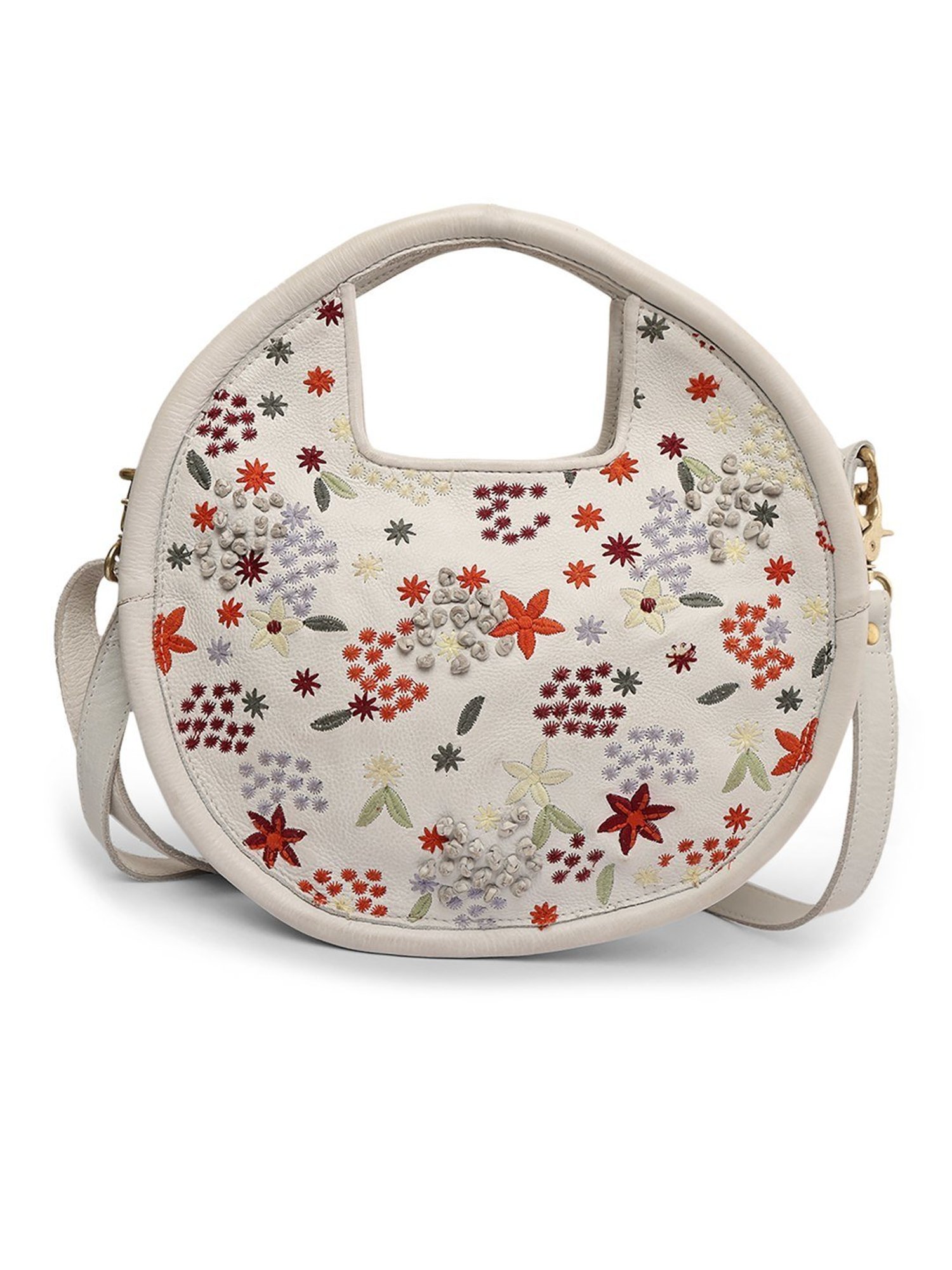 Art N Vintage Floral Bliss White Leather Embroidered Large Handbag