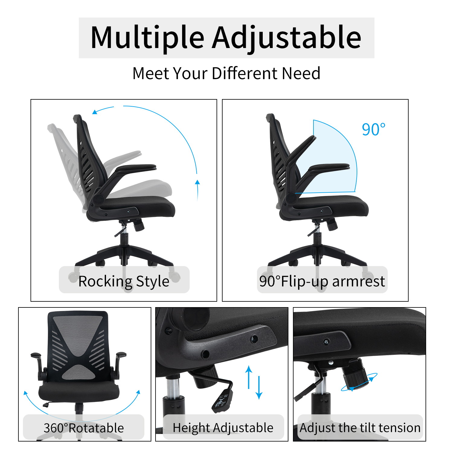 Ergonomic Office Chair, Home Office Desk Chairs, Mid-back Computer Mesh Chair with Lumbar Support and Flip-up Arms, Swivel Task Chair