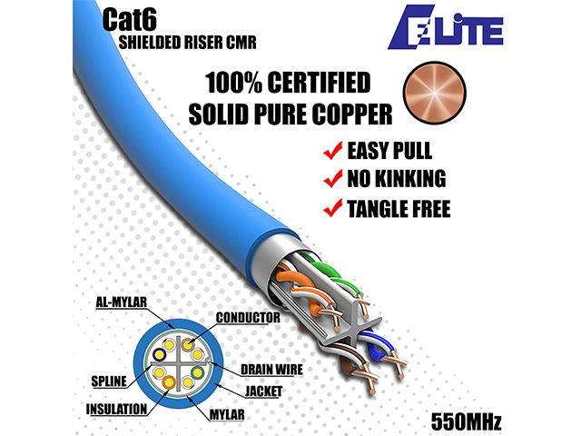 Elite Cat6 Shielded Riser (CMR), 1000ft, 550MHz, 23AWG, F/UTP, Solid Bare Copper, UL Certified, UL-LP Certification, Bulk Ethernet Cable Reel, Blue