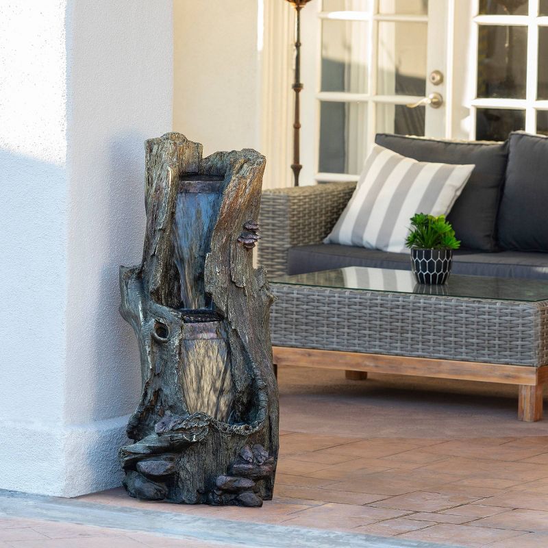 Alpine 22" Rainforest Waterfall Tree Trunk Fountain with LED Lights Gray