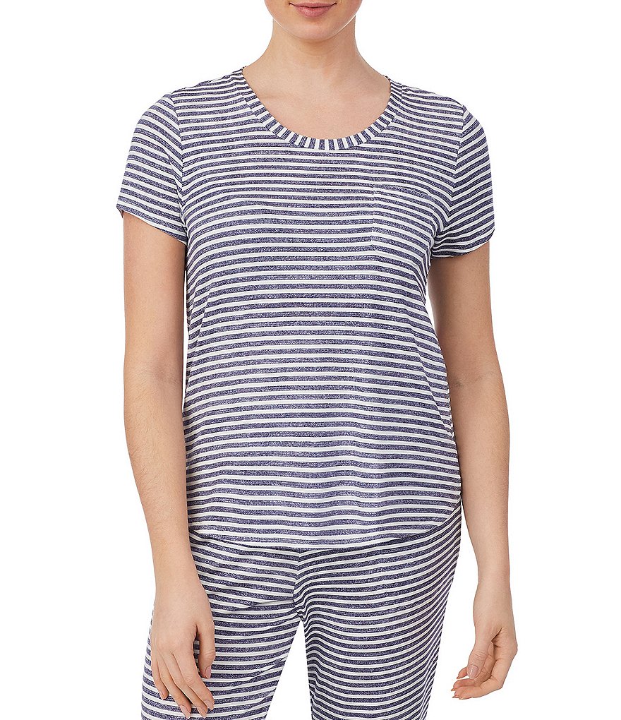 iRelax Striped Print French Terry Crew Neck Short Sleeve Coordinating Sleep Top