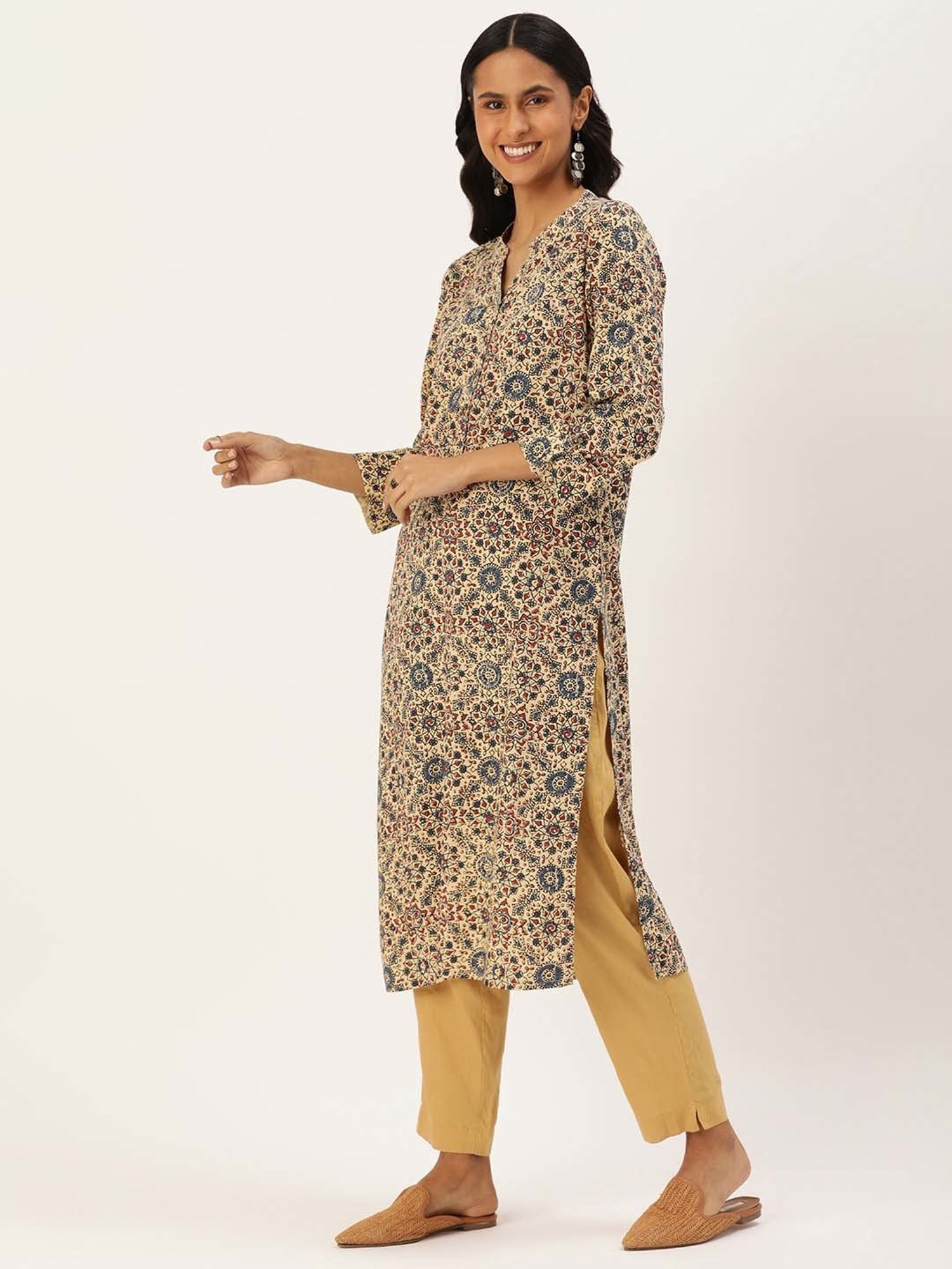 Amukti Beige Printed A Line Kurta