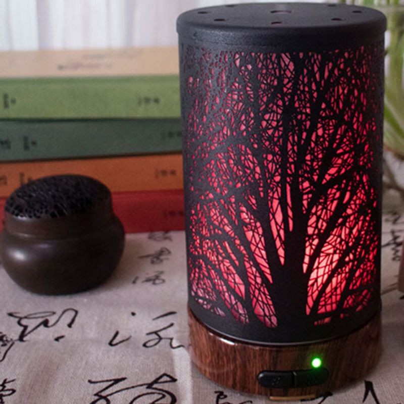100ml Small Air Humidifier Night Light Aromatherapy Aroma Diffuser Oil Diffuser Trees Iron Art Air Diffuser Purifier Mist Maker for Home Office Yoga (US Plug)
