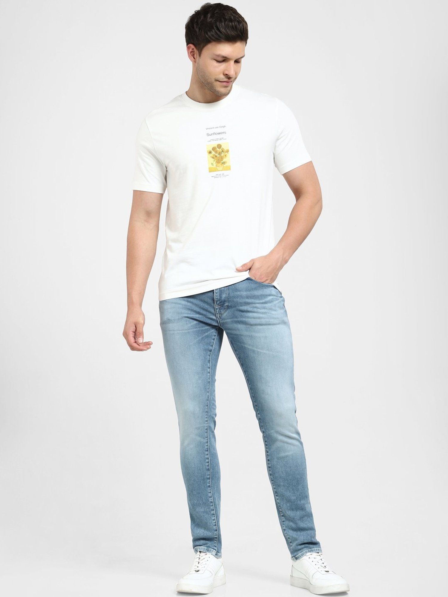 SELECTED HOMME White Slim Fit Printed Crew T-Shirt