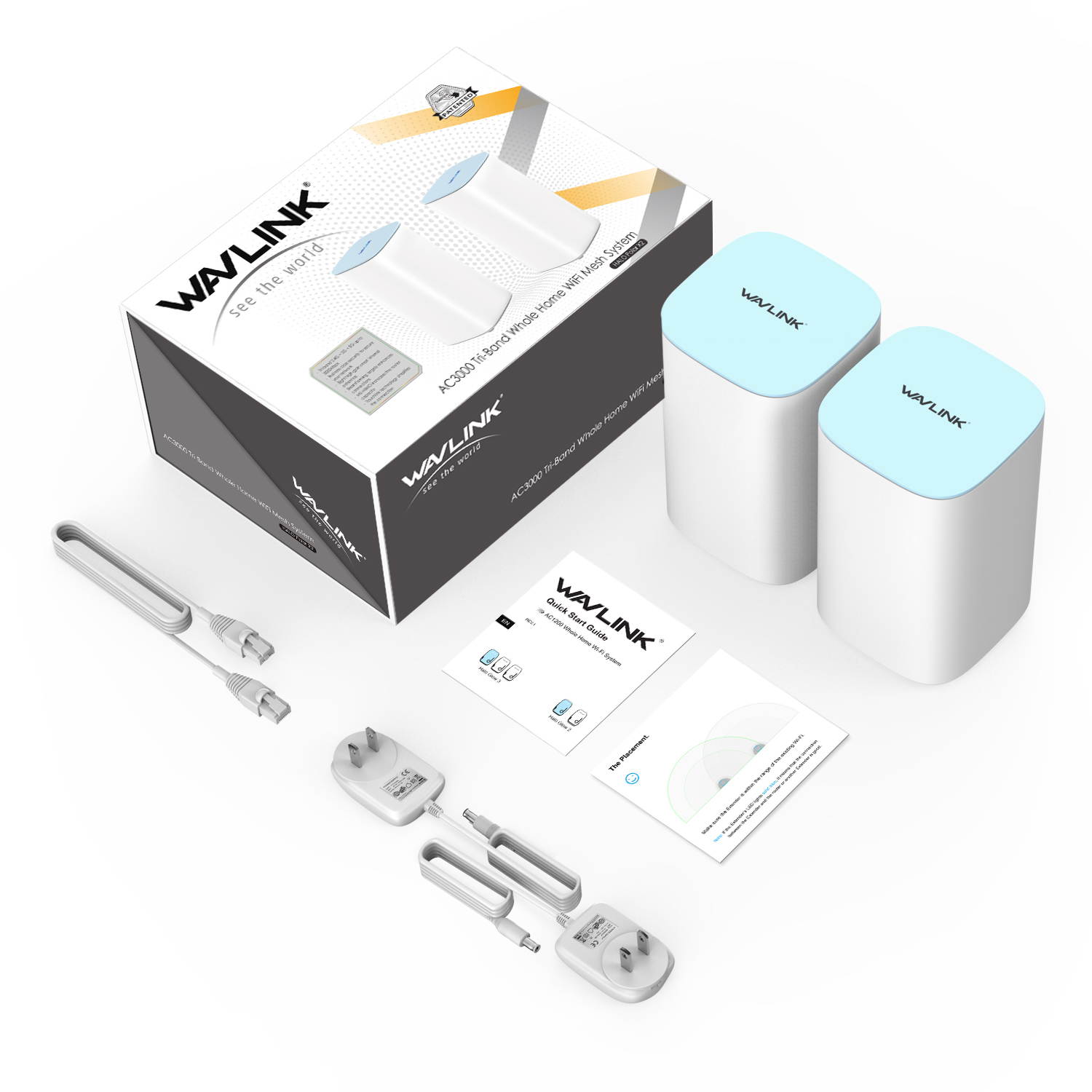 Wavlink AC3000 Tri-Band Whole Home Mesh WiFi System with MU-MIMO, Replace Wi-Fi Router and Range Extenders, Coverage Up to 6,000-7500sq. ft, Parental Controls, 3xGigabit ports, Plug and Play, 2-Pack