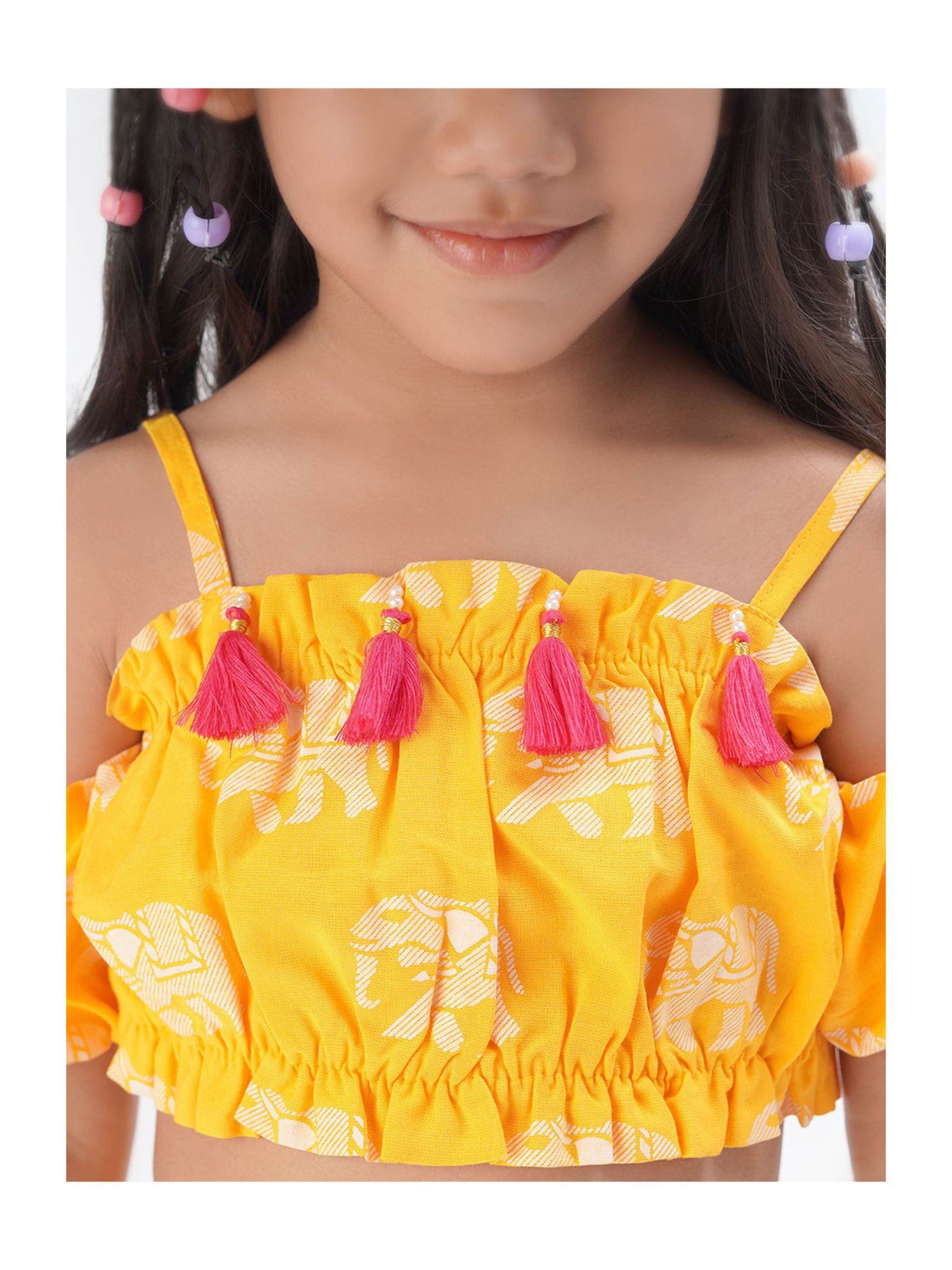 Lil Drama Kids Yellow Printed Crop Top with Pants