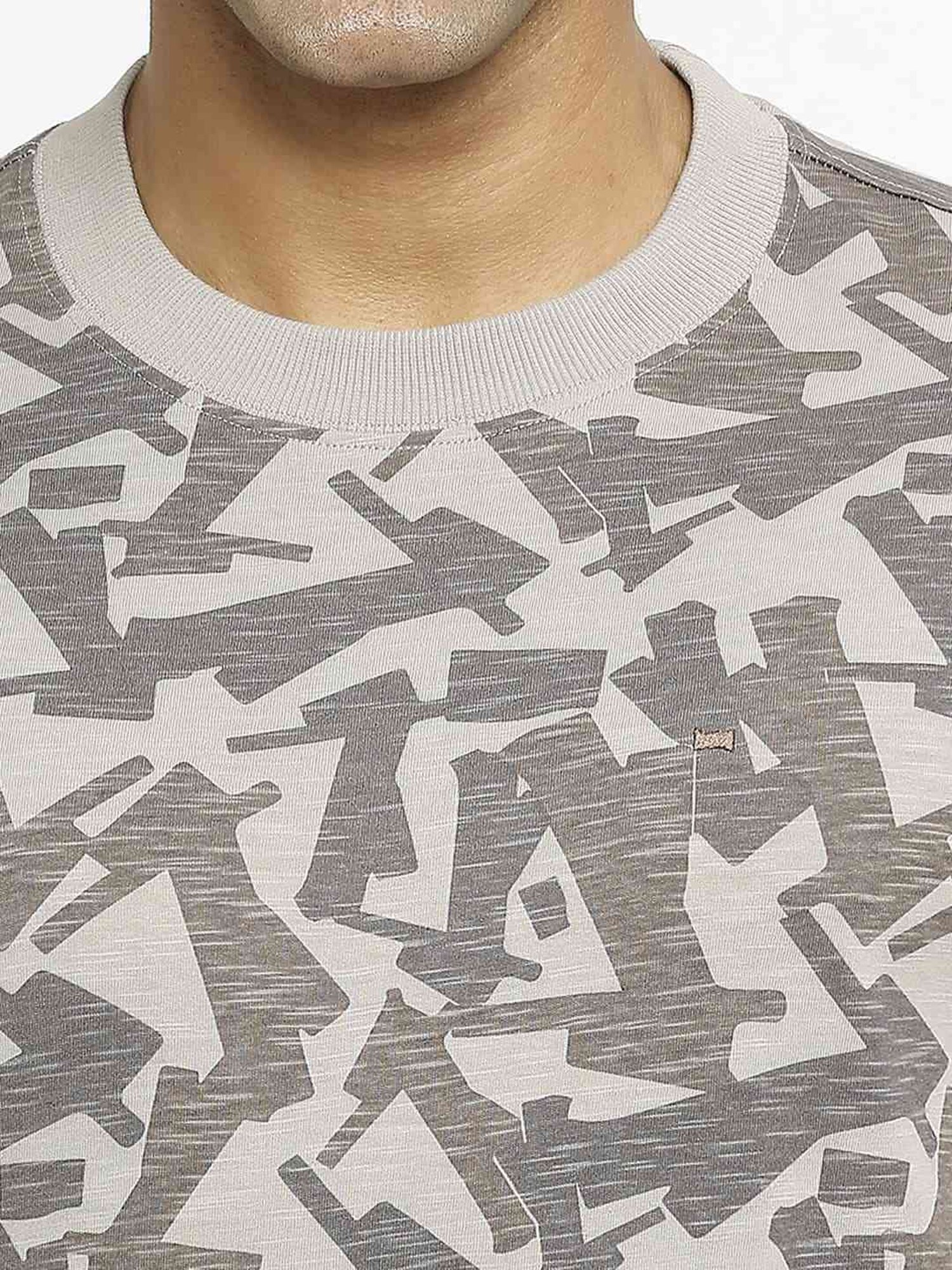 Basics Grey Cotton Muscle Fit Printed T-Shirt