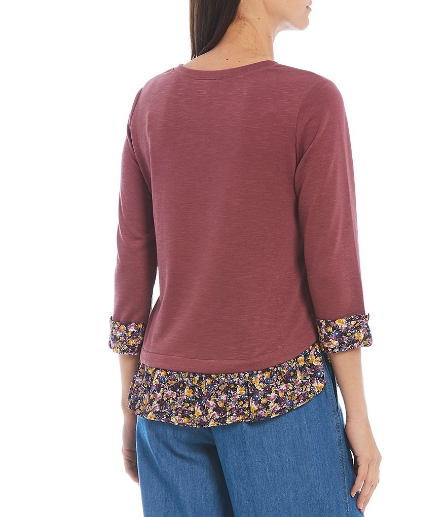 I.N. Studio Petite Size Hacci Knit Crew Neck 3/4 Sleeve Floral Print Trim Side Button Hem Detail Twofer Top