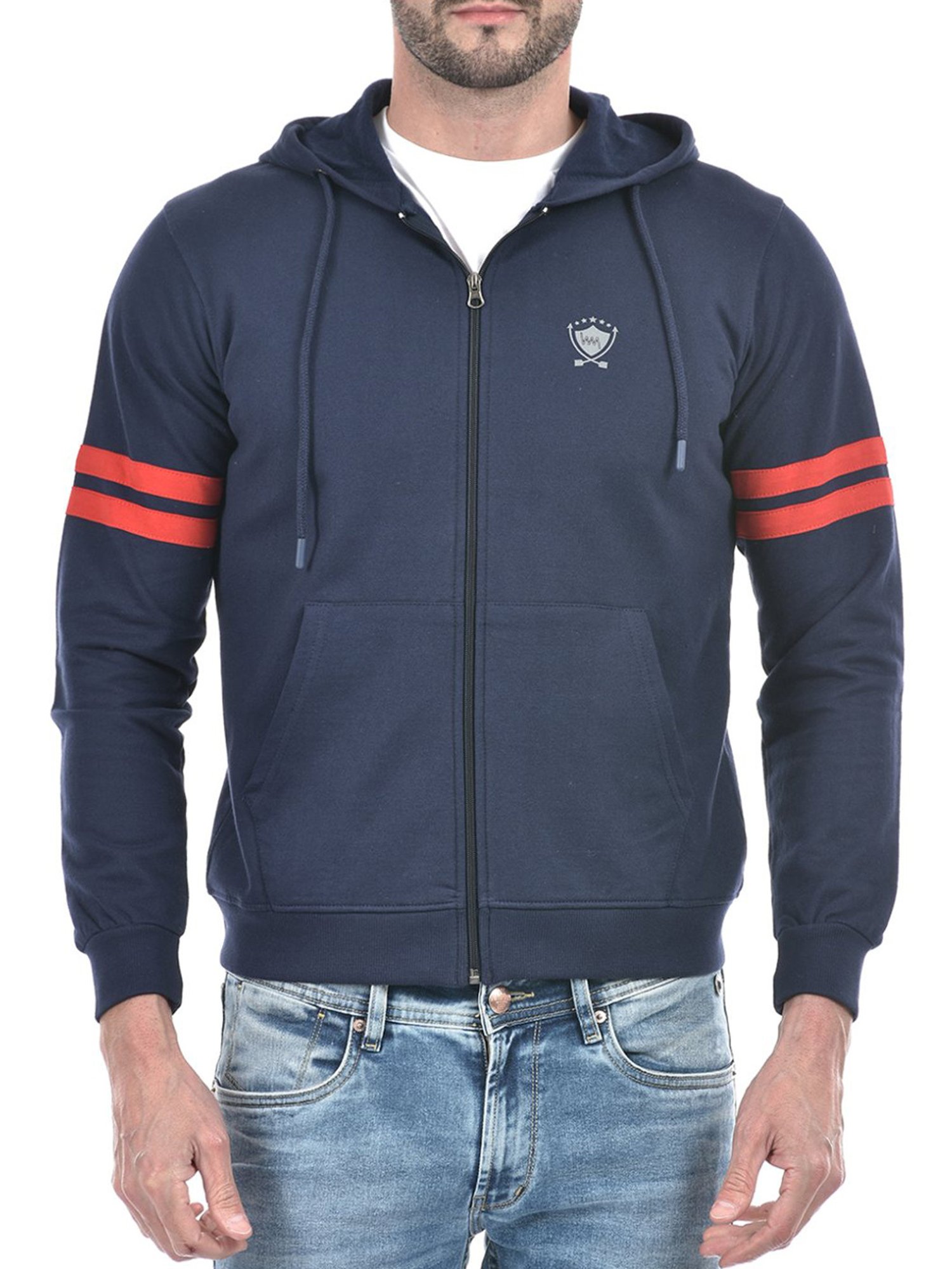 Lawman Navy Blue Cotton Regular Fit Striped Hooded Sweatshirts