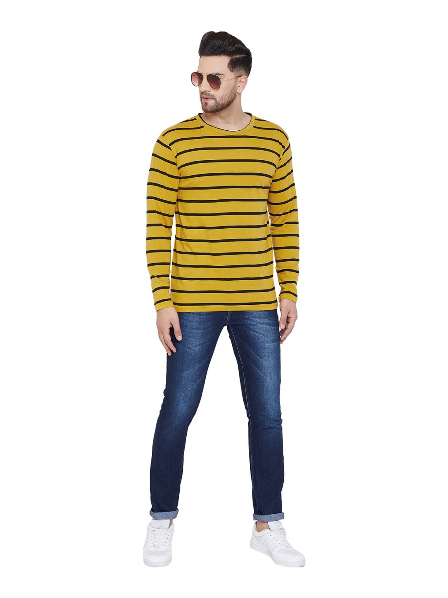 Hypernation Mustard & Black Cotton Regular Fit Striped T-Shirt