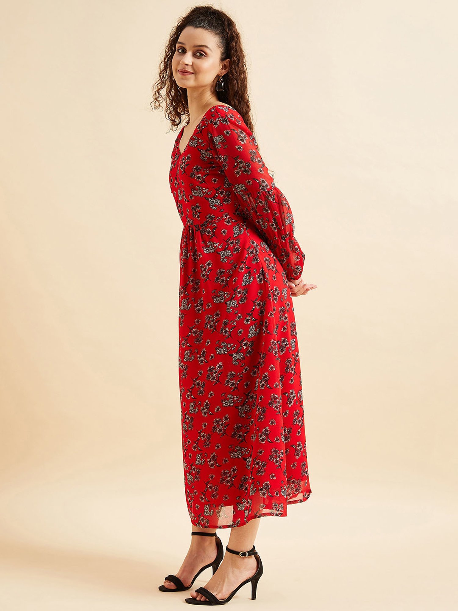 PANIT Red Floral Print Ethnic Dress