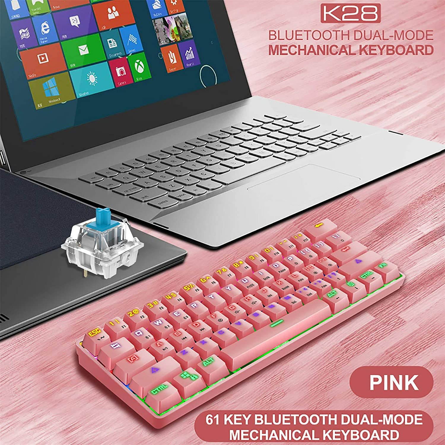 CUUWE K28 Wireless Bluetooth 61-Key Dual-Mode RGB Backlit Waterproof Mechanical Gaming Keyboard - Office Keyboard -Gaming Keyboard