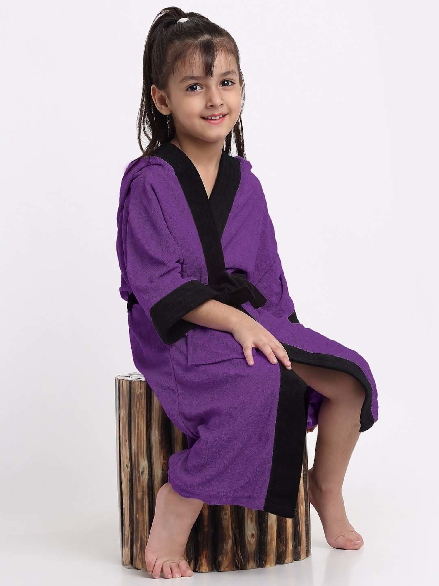 Creeva Melodious Indigo & Black Micro Terry 225 GSM Kids Hooded Bathrobe 6-7 Years With Pocket